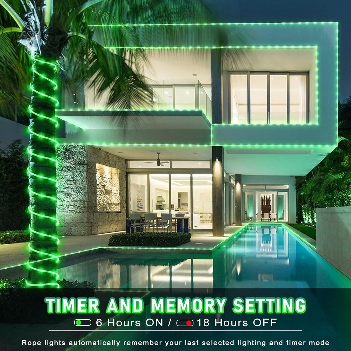 Rope Lights Outdoor, 66FT 200 LED String Lights for Outside Waterproof with 8 Modes, Plug in Connectable Rope Lights for Indoor, Fence, Patio, Garden, Trampoline, Deck, Pool Decorations - Green