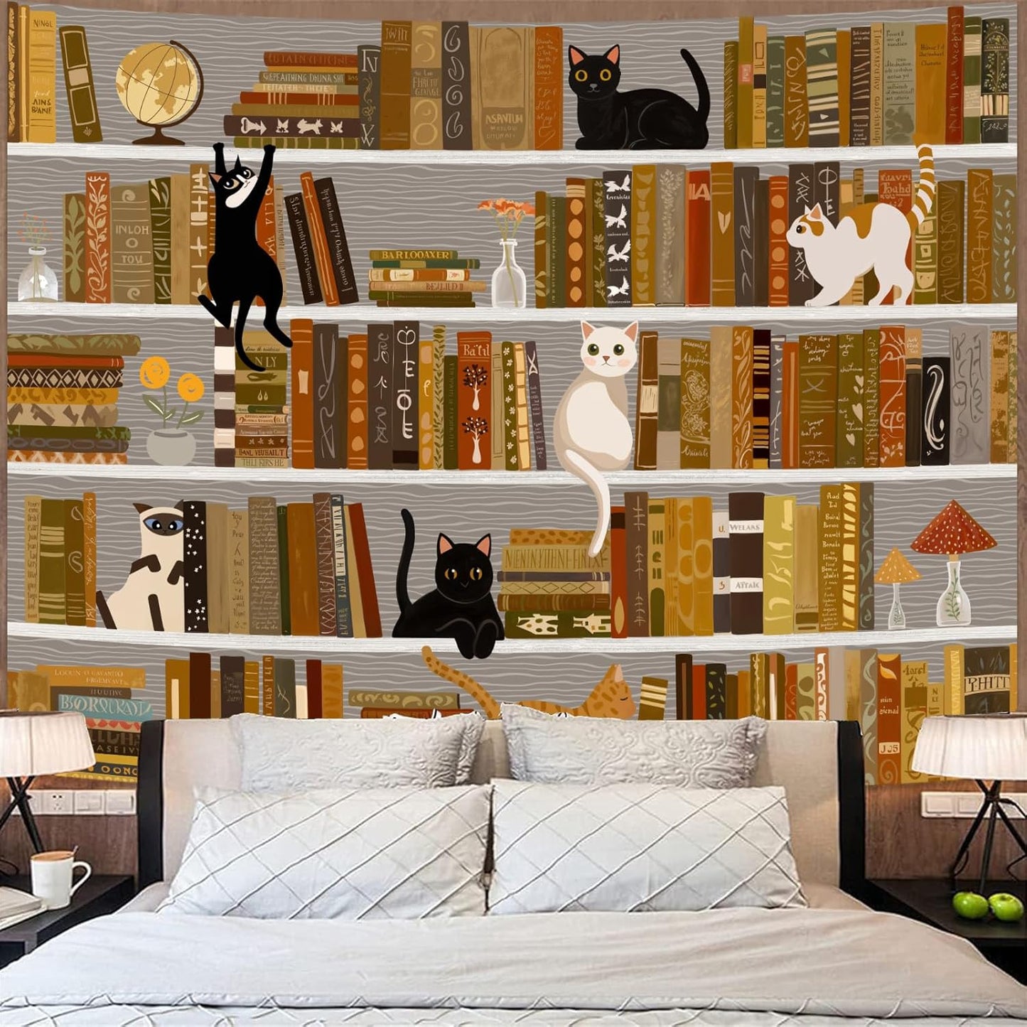 Accnicc Cat Bookshelf Tapestry Extra Large Black White Cute Cats Book Shelf Tapestries Wall Hanging Art Vintage Retro Academics Library Tapestry for Bedroom Living Room Dorm 90 x 68 inch