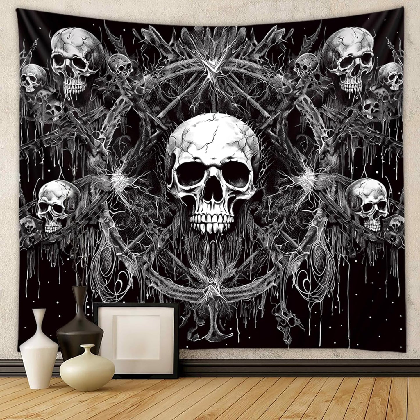 Tapzen Gothic Black and White Wall Tapestry - Dark Skeleton Horror Design - Aesthetic Cool for Bedroom, Living Room, Dorm (60 x 60 inches)
