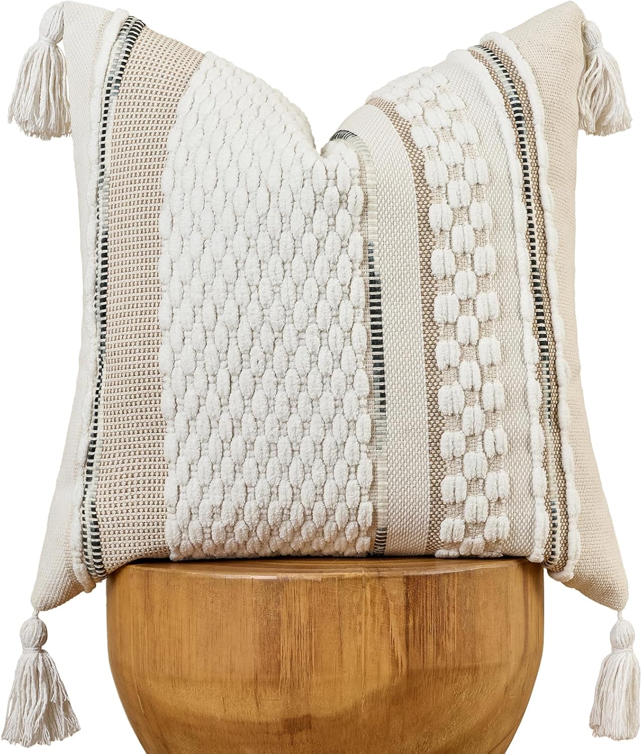 AmHoo Chenille Striped Textured Boho Throw Pillow Covers Aesthetic with Tassels Woven Decorative Pillow Case for Couch Bed Sofa Bedroom Modern Funky 18 x 18-Inch White