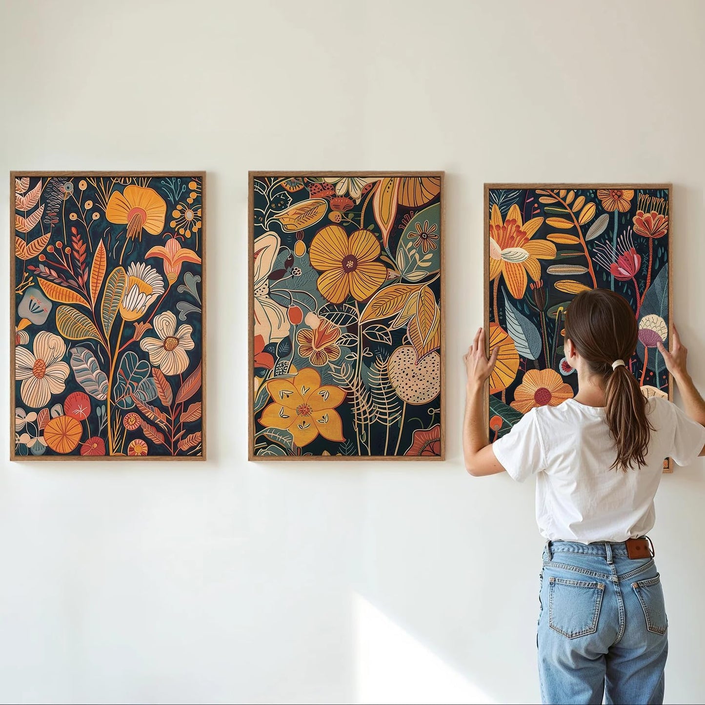 SIGNINART Orange Floral Framed Canvas Wall Art Set of 3, Mid Century Modern Flower Wall Decor, Neutral Plant Artwork, Boho Botanical Art Prints for Bedroom Living Room Office 16"x24"x3