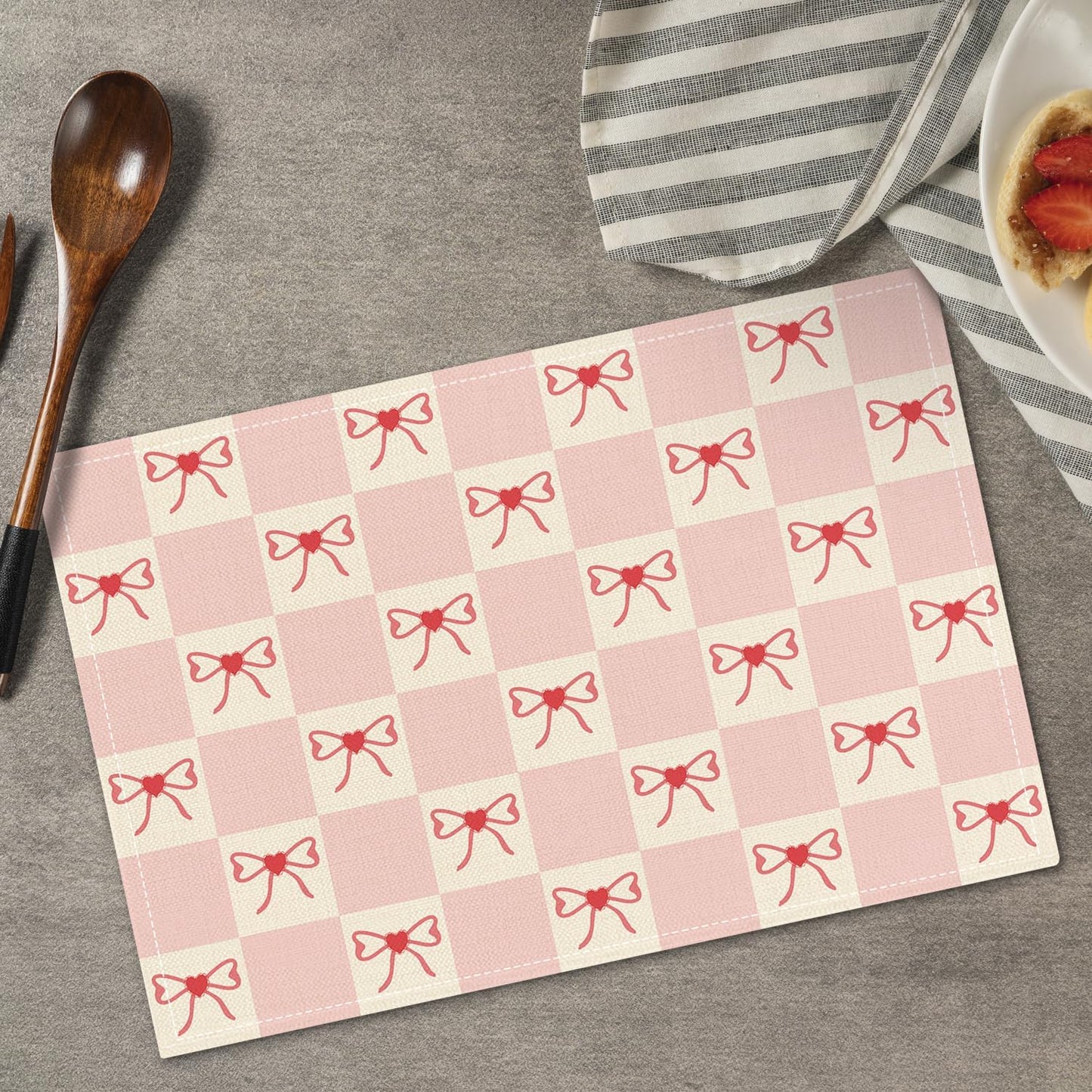Pink Bow Placemats Set of 4, Table Mat for Home Kitchen, Restaurants, Outdoor Linen Washable Place Mats 12x18 inch Party Event Dining Decoration-03