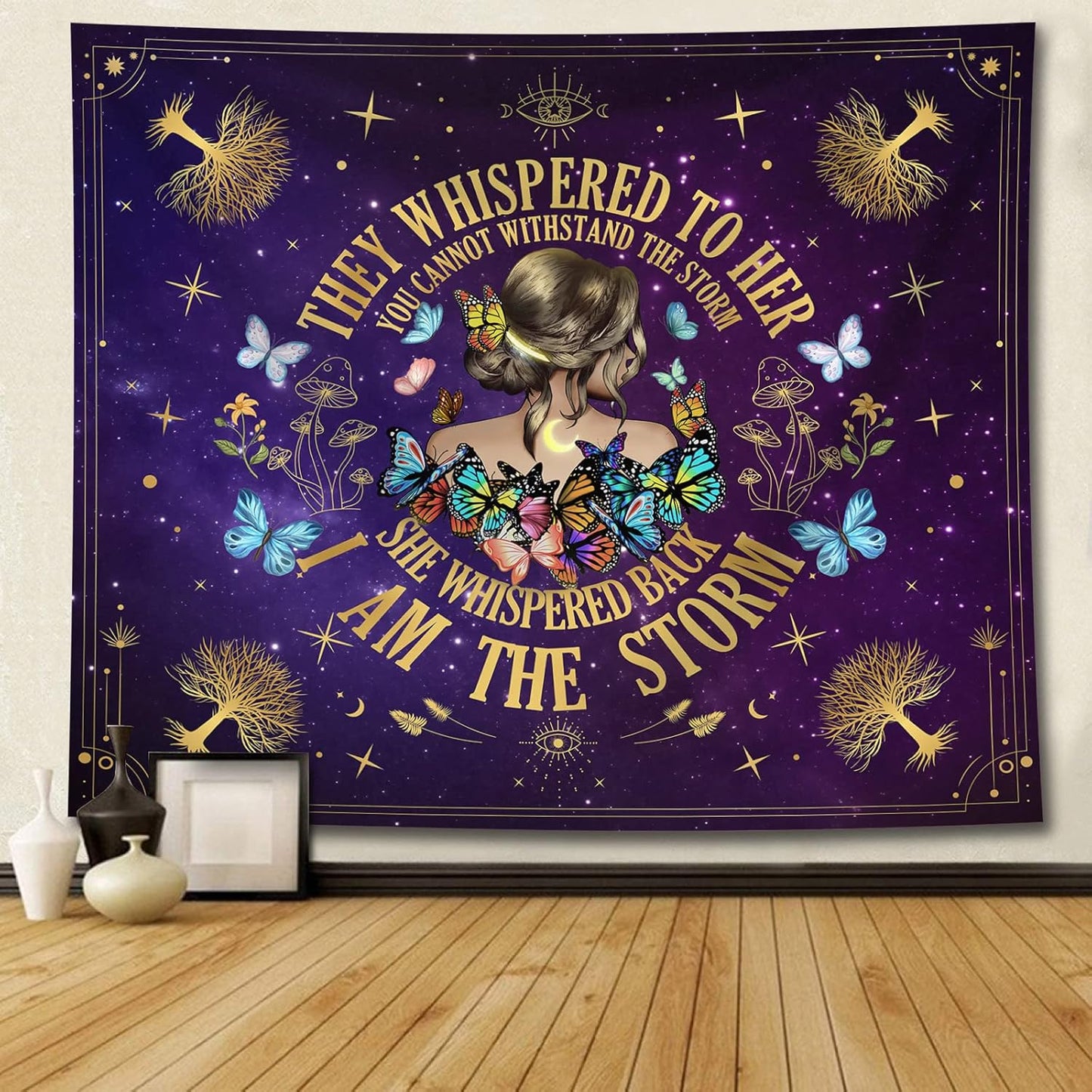 Inspirational Quote Tapestry,They Whispered to Her You Cannot Withstand The Storm Positive Motivational Uplifting Encouragement Gifts Wall Decor for Bedroom,Inspirational Gift for Women Teens Girls