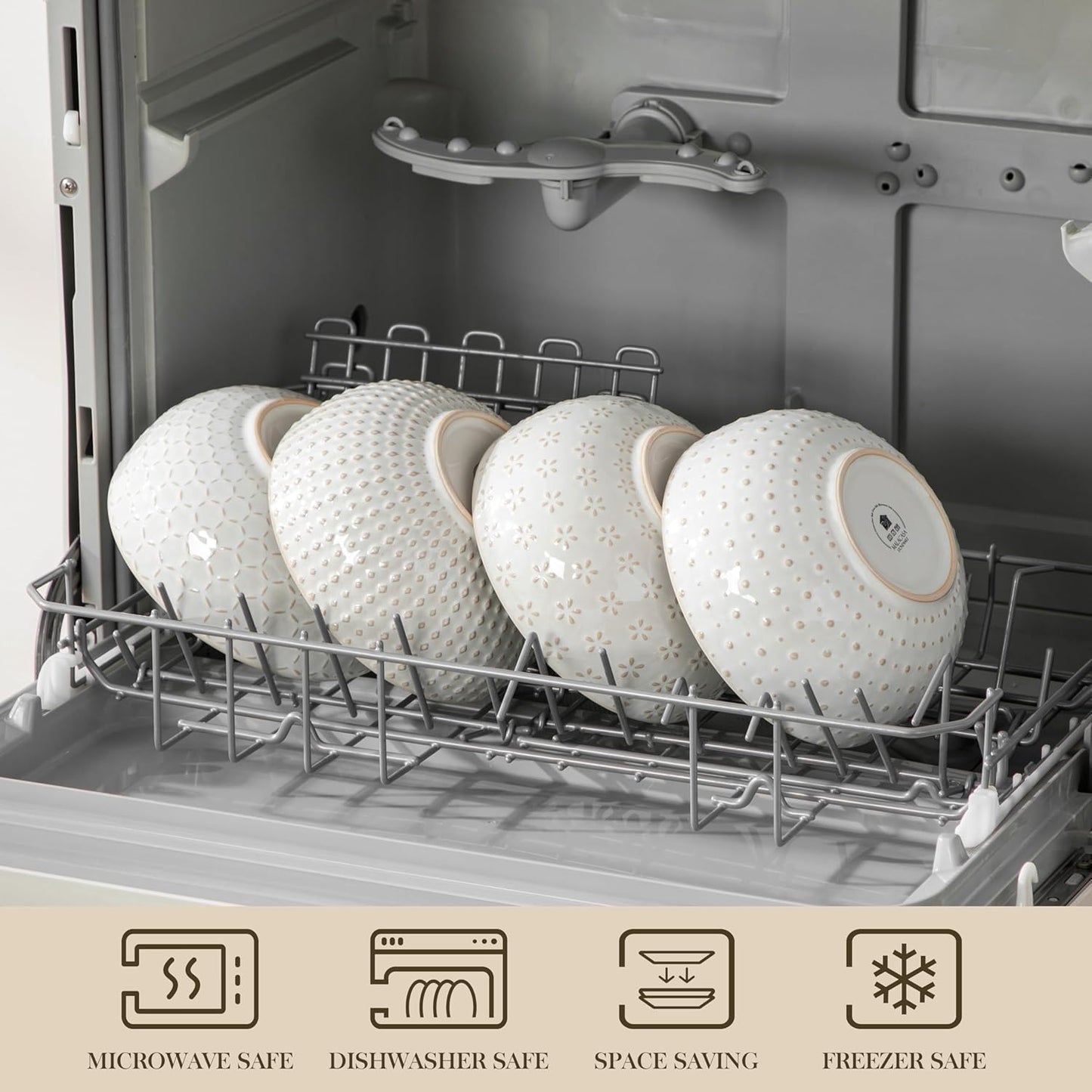 MALACASA Cereal Bowls, 30 Ounce Ceramic Soup Bowl for Kitchen, Stoneware Bowls Set of 4 with Embossment for Pho, Chip, Fruits, Salad, Noodle, Ramen - 6 Inch, Arctic White Series LYDIA