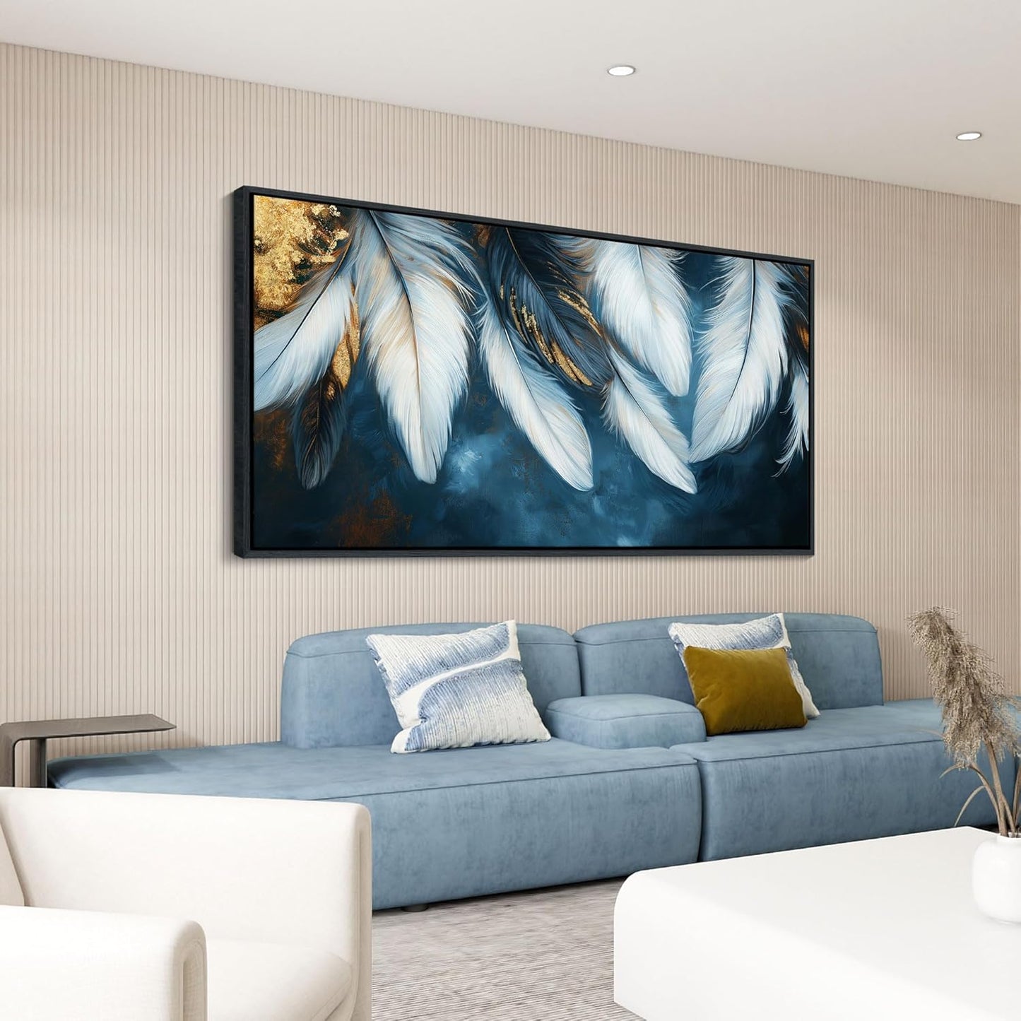 Mofutinpo Blue and Gold Wall Art Framed Navy Blue Decor for Living Room Feather Canvas Art Wall Decor, Blue Bedroom Wall Decor Above Bed Pictures, Painting - Artwork for Walls 29×58IN