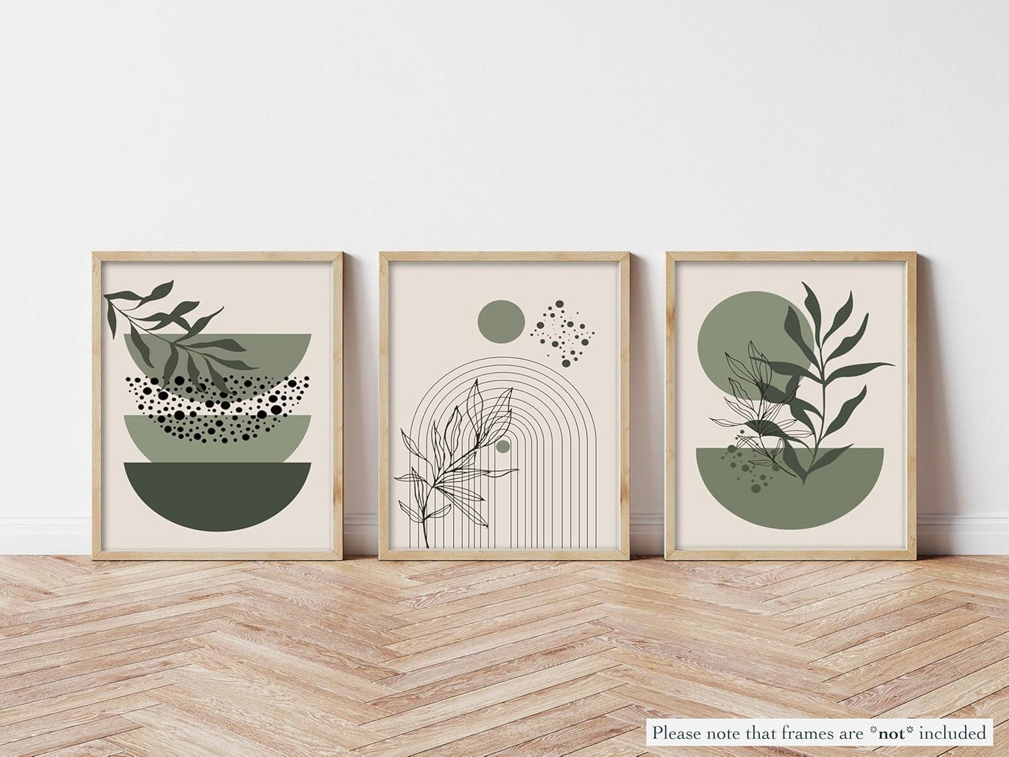 Sage Green Boho Wall Art Set of 3 Abstract Minimalist Geometric Line Poster Green Botanical Leaf Canvas Prints Modern Artwork Painting Decor for Living Room Bedroom Office 16x24 in Unframed