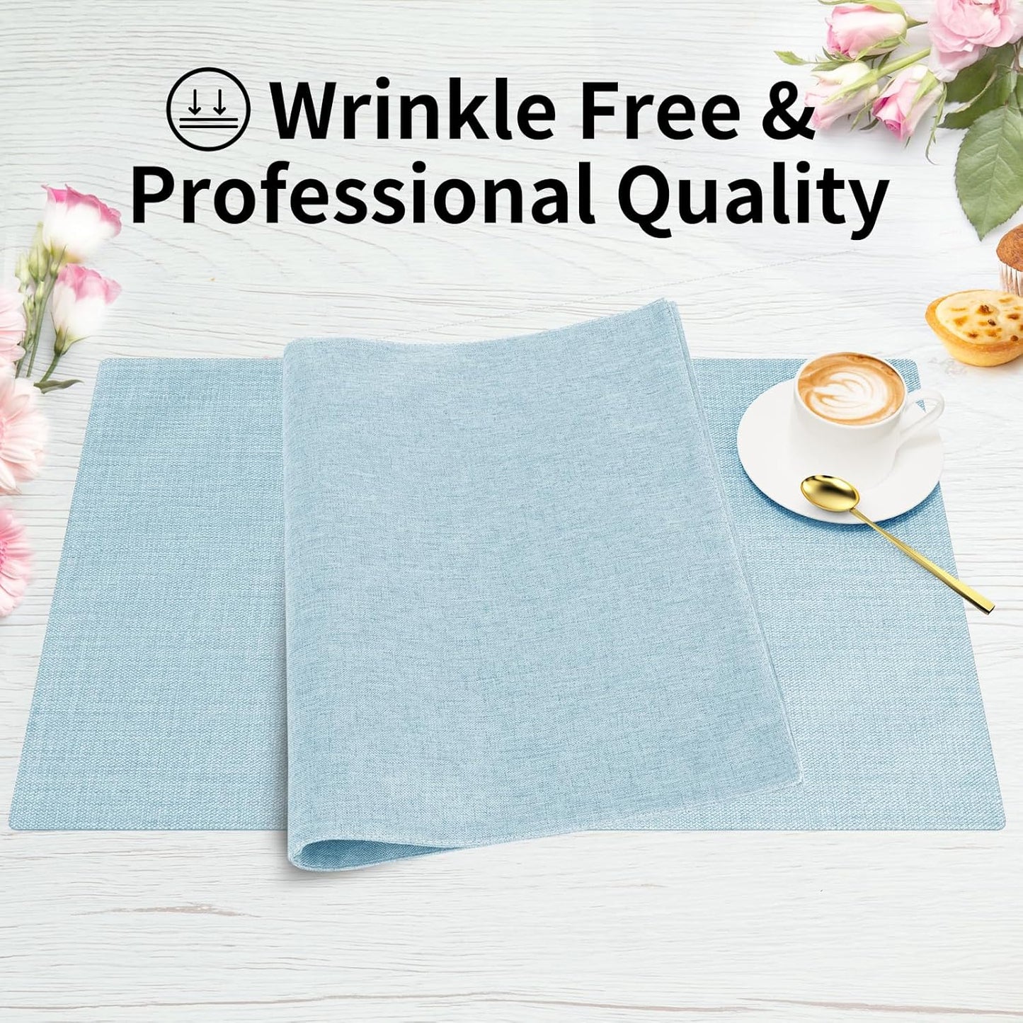 Cloth Placemats, Set of 6 Heat-Resistant Cotton Linen Blend Double Layered Machine Washable Place Mats, Wrinkle Free Thick Fabric Dining Table Mats for Indoors & Outdoors (Sky Blue, 6)