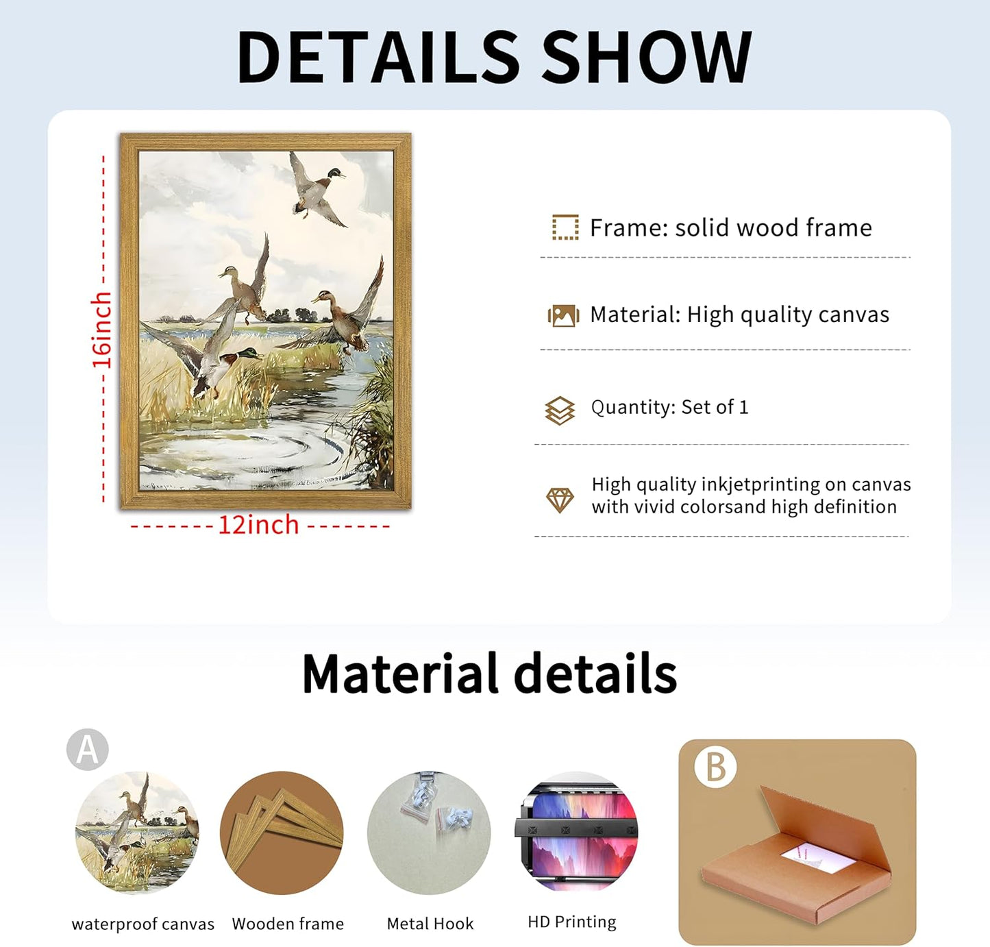 Framed Vintage Duck Wall Art Print, Rustic Mallard Watercolor Canvas Poster Wall Decor, Country Wildlife Bird Illustration for Farmhouse Living Room Kitchen Bedroom Decor 12x16 Inch