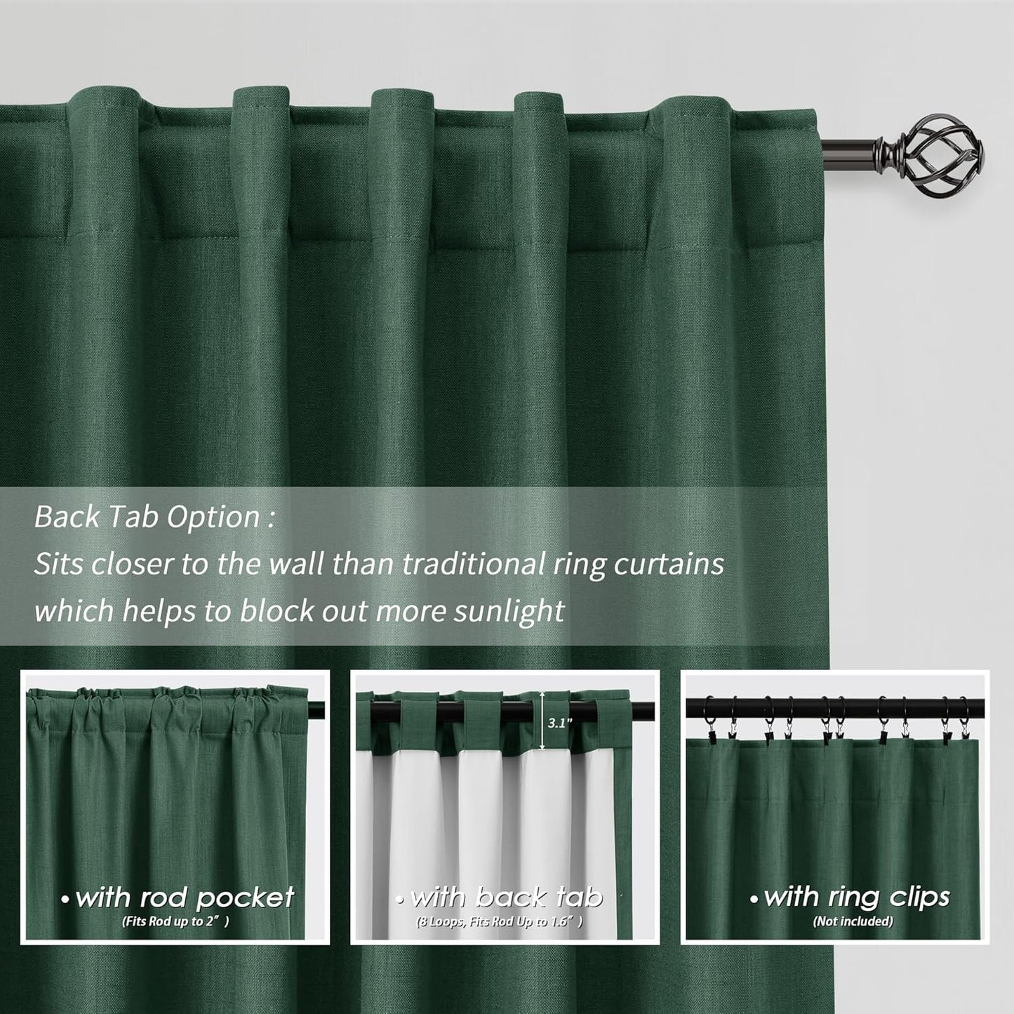 BOODII Green Linen 100% Blackout Curtains for Bedroom 102 Inch Long 2 Panels Window Curtain Floor to Ceiling Length for Living Room Sliding Glass Door Back Tab Linen Room Darkening Drapes 52x102