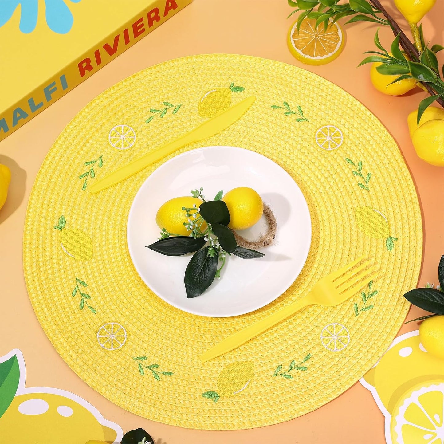 Whaline 4Pcs Round Placemats Lemon Embroidered Place Mats Summer Lemon Greenery Leaves Dinner Table Mats for Home Wedding Baby Shower Birthday Party Decor