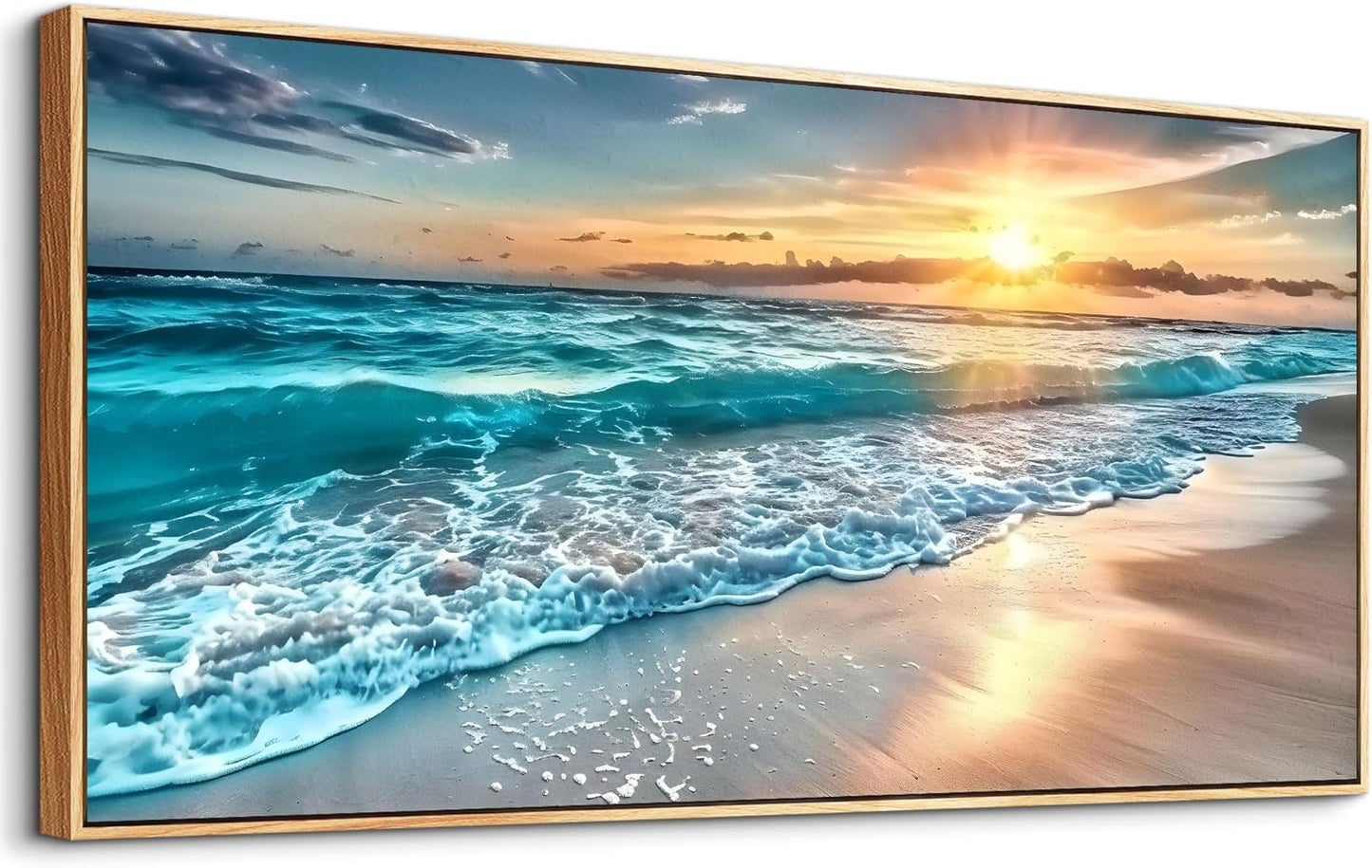 hyidecorart Large Wall Art For Living Room Wall Decor For Bedroom Office Wall Decor Wood Framed Canvas Wall Painting Blue Sea Wave Pictures Modern Beach Seascape Posters Home Decorations Artwork