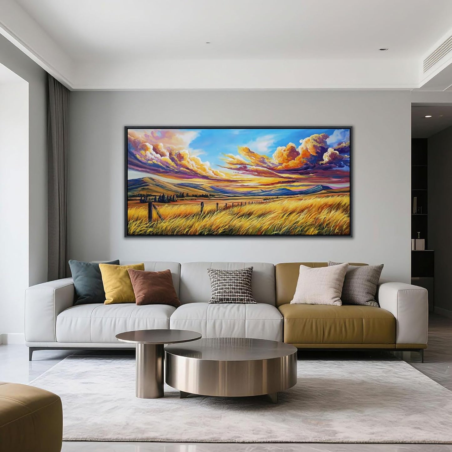QZQCBLC Large Wall Art Living room, Golden Wheat Fields Mountain Clouds Fall Landscape Blue Oil Paintings Artwork for Bedroom Home Kitchen Office Wall Pictures Framed Decor 24x48 IN