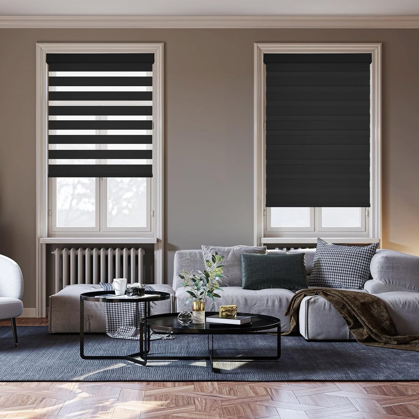 HESTIA Cordless Zebra Blinds Light Filtering Roller Shades UV Blocking Blackout Privacy Indoor Window Shades for Home Office Day and Night, Black,37" W x 54" H