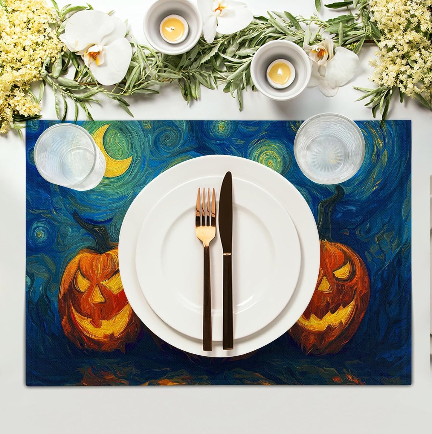 Halloween Placemats Set of 4 Pumpkin Vincent Van Gogh Starry Night Art Linen Table Mats 12x18 Inch Jack O Lantern Farmhouse Place Mats for Party Kitchen Dining Outdoor Indoor Decor