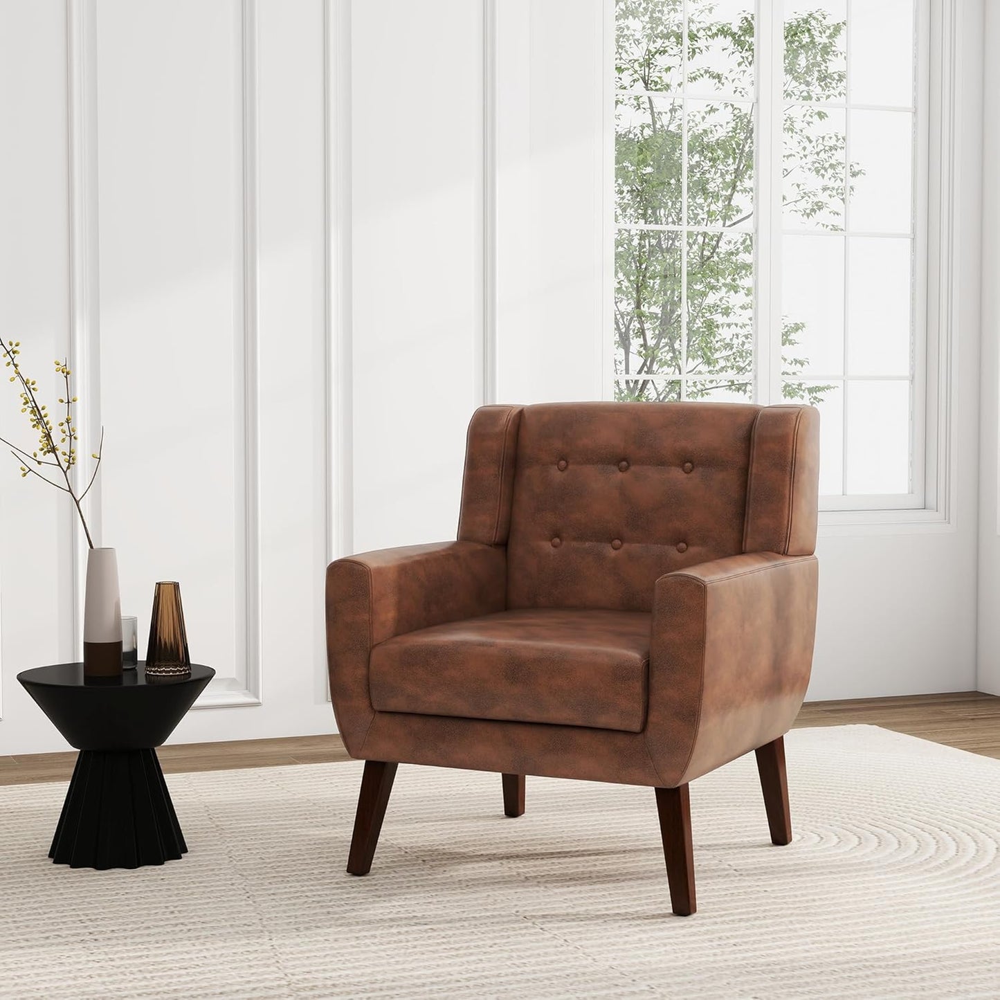 UIXE Faux Leather Accent Chair, Morden Upholstered Armchair for Living Room, Button Tufted Arm Chair Comfy Single Sofa Bedroom Side Reading Seat - Coffee