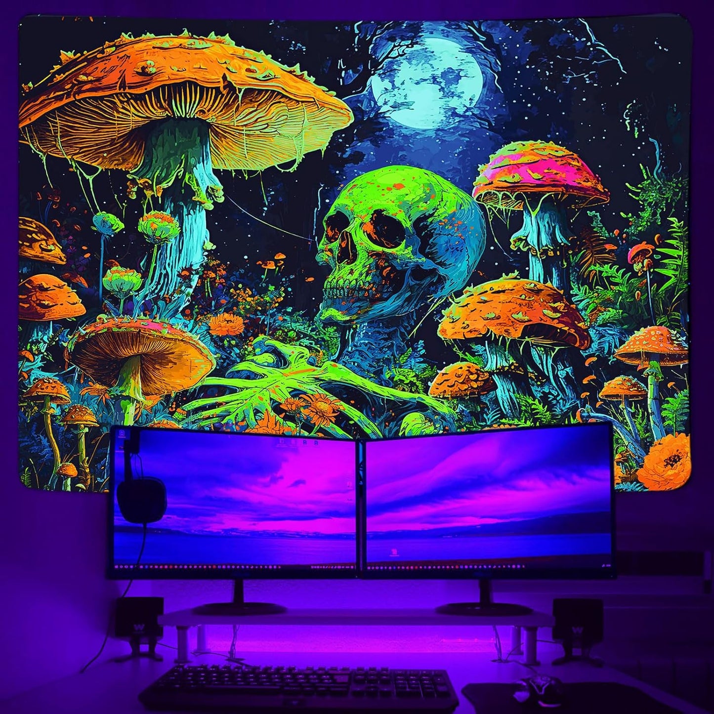 Xiaoput Blacklight Skull Wall Art, UV Reactive Neon Gothic Tapestry for Men, Glow in Dark Trippy Forest Wall Hanging for Home Decor, 80x60IN
