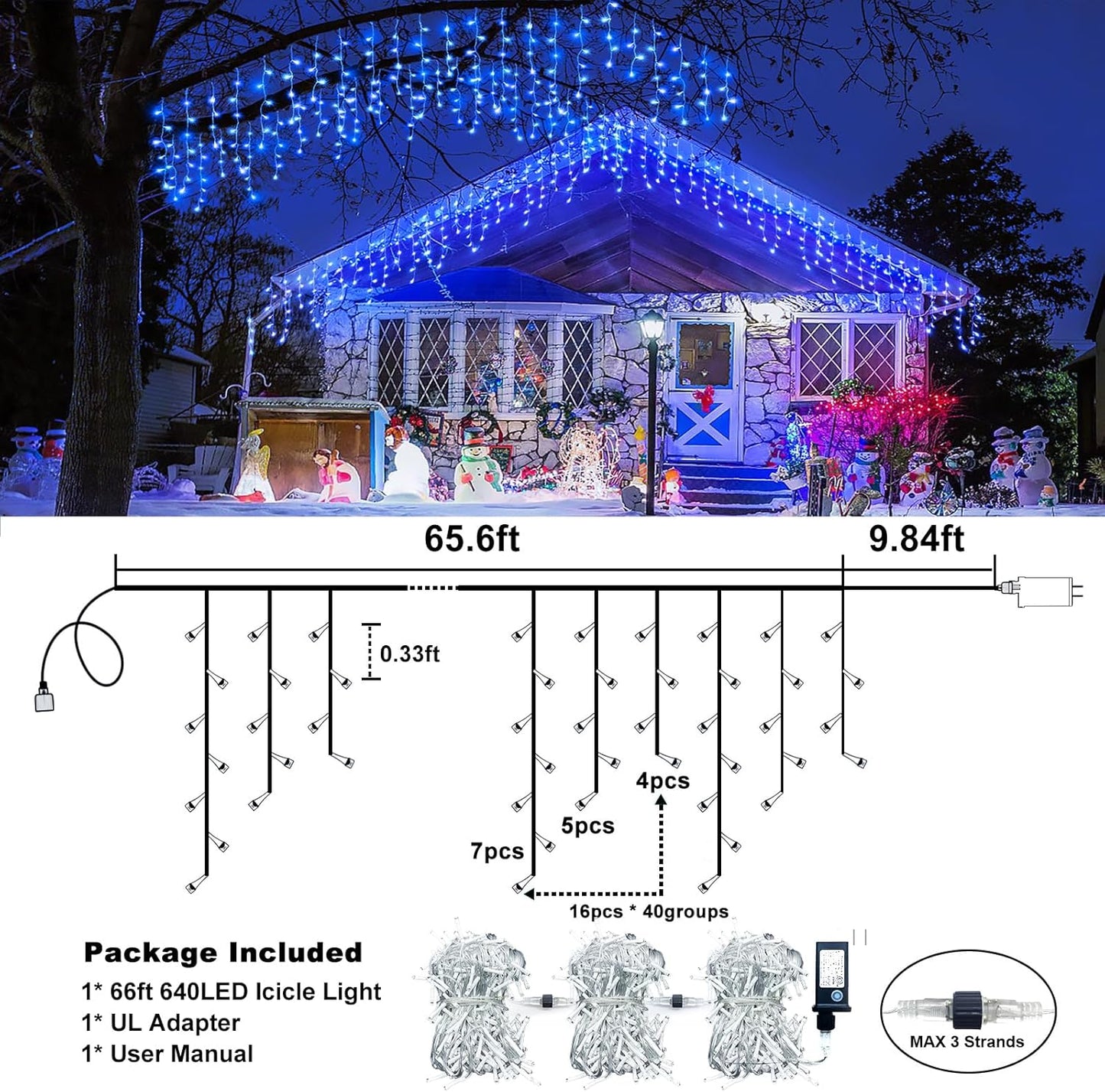 Icicle Lights for Outside, 66FT 640 LED Christmas Icicle Lights Outdoor Indoor with Waterproof 8 Modes, Plug in Curtain String Light for House Patio Roof Garden Party Wedding Decorations, Blue