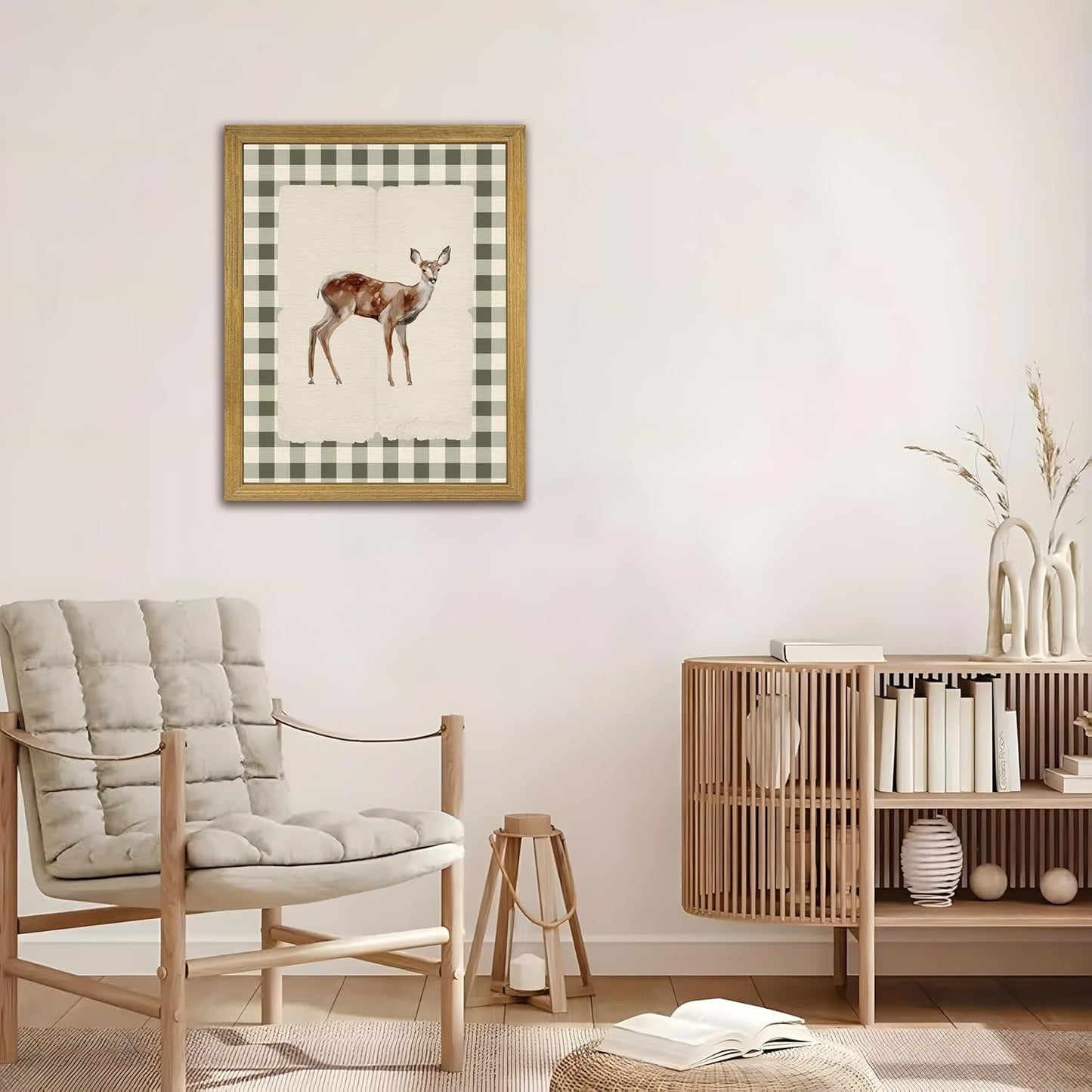 Wood Framed Deer Wall Art Print, Woodland Baby Deer Canvas Poster Wall Decor, Vintage Rustic Green Gingham Farmhouse Animal Picture for Living Room Kitchen Bedroom Nursery Decor, 12x16 inch