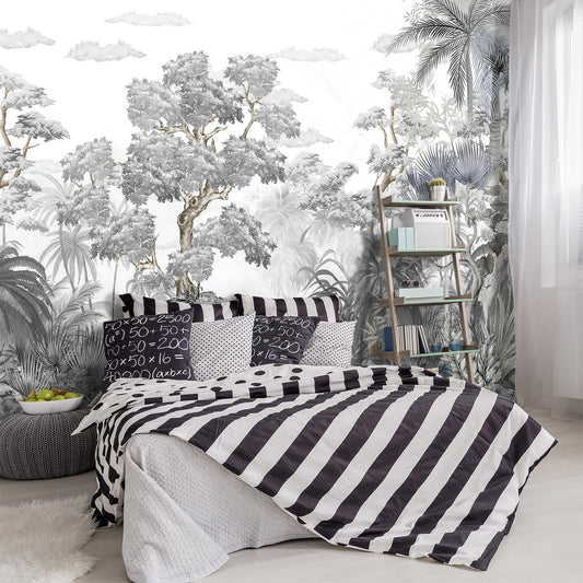 -Tropical Rainforest Botanical Grey Jungle Forest Fabric Wallpaper Living Room Palm Leaf Plant Bedroom Bathroom Large Wall Mural- 160"x108"（ not Peel and Stick）