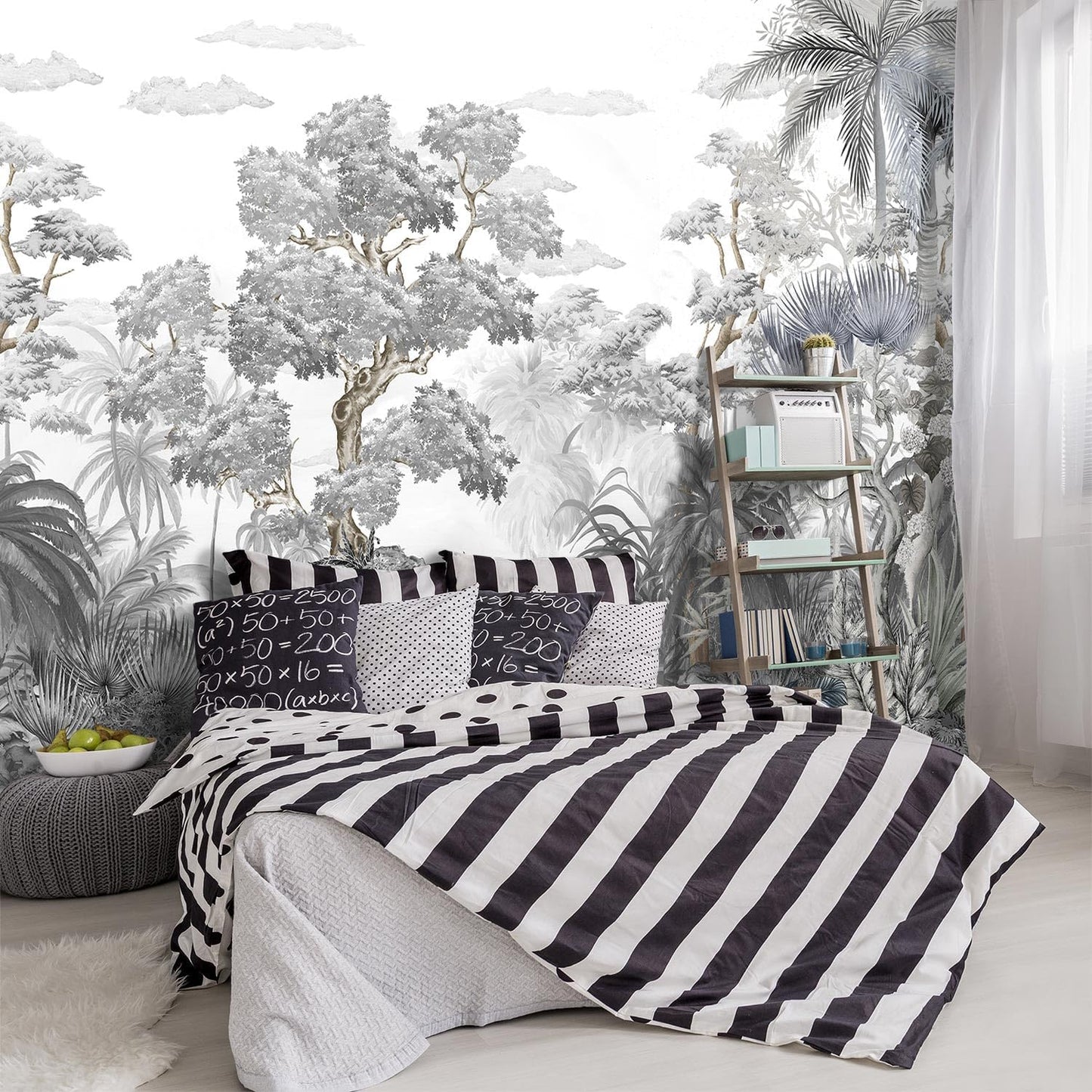 -Tropical Rainforest Botanical Grey Jungle Forest Fabric Wallpaper Living Room Palm Leaf Plant Bedroom Bathroom Wall Mural- 91"x65"（ not Peel and Stick）