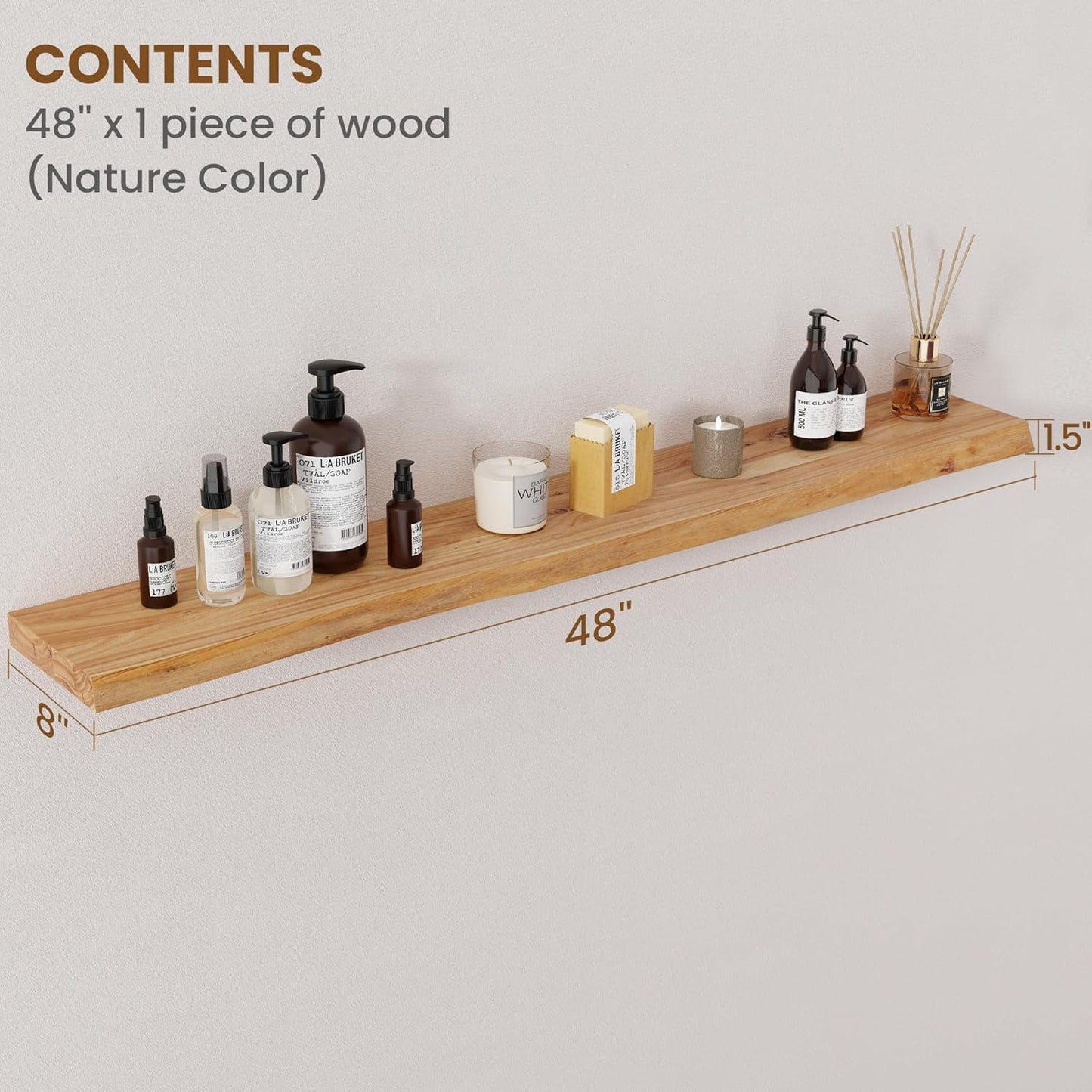 Floating Shelves for Wall Decor, Rustic Solid Elm Wood Floating Shelves Wall Mounted, Wall Shelves with Invisible Bracket for Living Room Bathroom Bedroom Kitchen, 48 Inch, Natural
