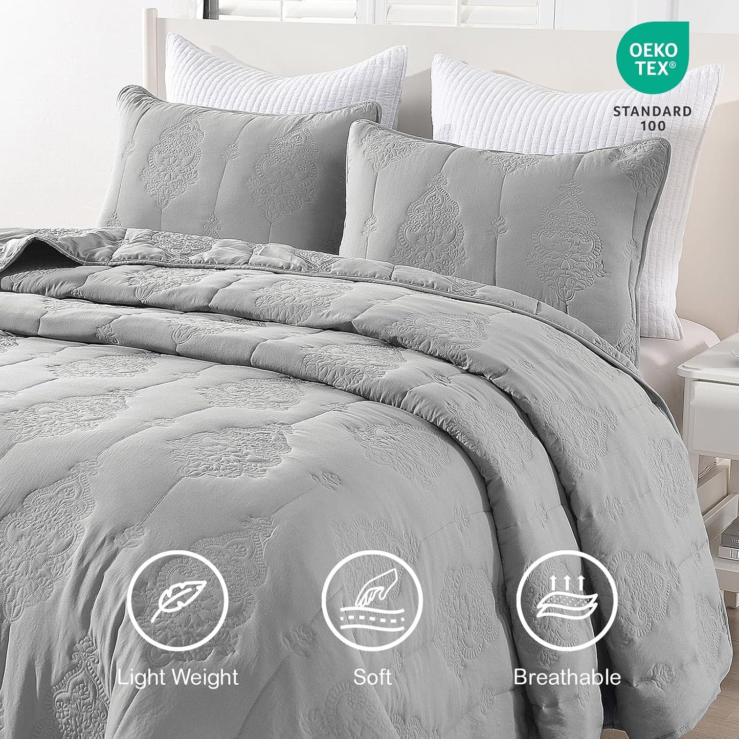 HORIMOTE HOME Grey Quilt Queen Size Floral Quilt Bedspread Lightweight Soft Pre-Washed Microfiber Bedcover, 3 Pieces Thin Comforter Bed Cover Bedding Set for All Season