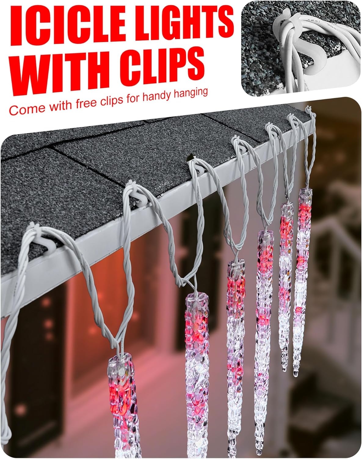 Minetom Icicle Lights Outdoor with Clips, 20ft 100 LED 20 Tubes Twinkling Crystal Icicle String Lights, Connectable Waterproof Hanging Christmas Decorations Plug in for Outdoor, Red and White