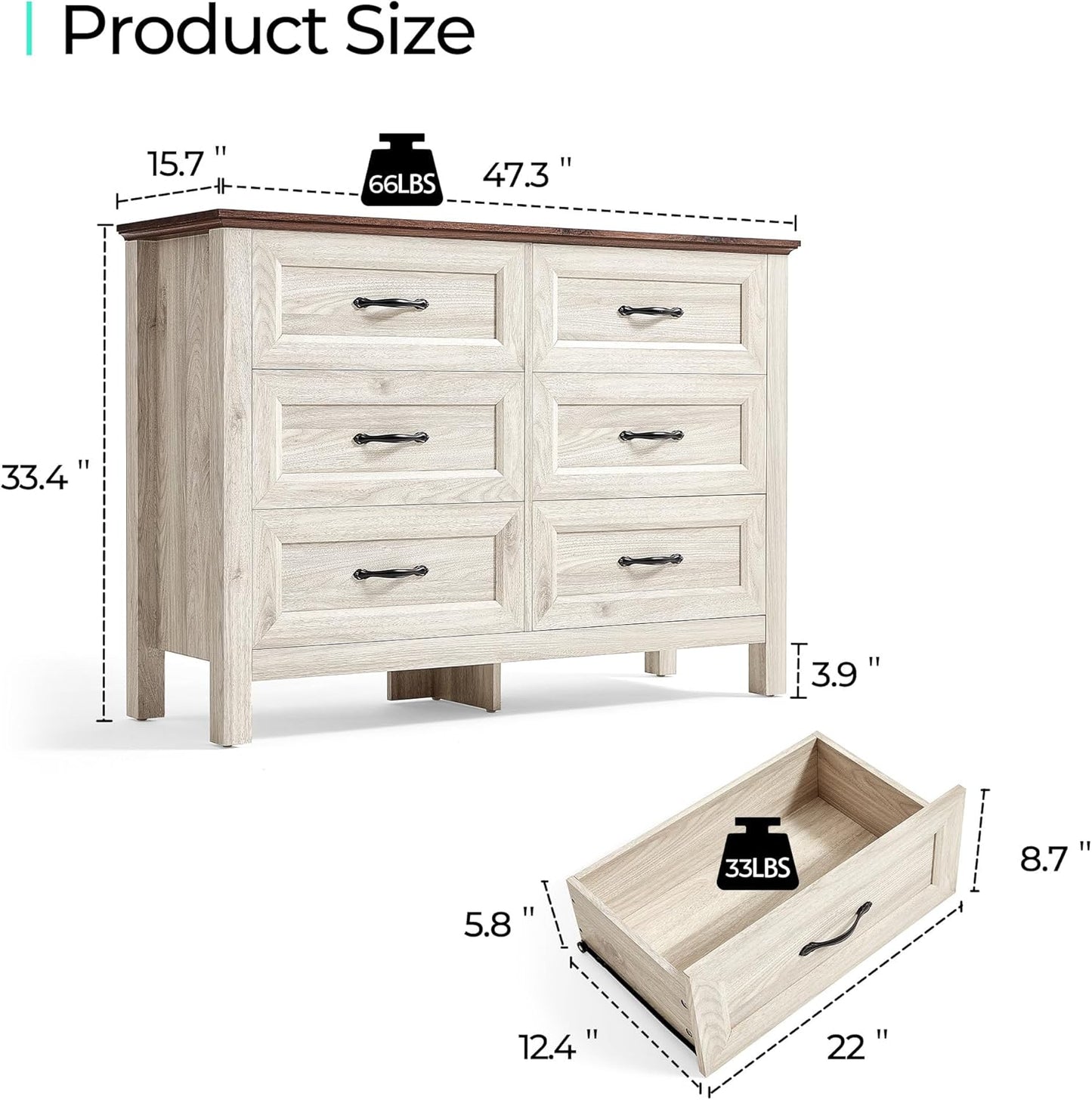 LINSY HOME Farmhouse 6 Drawers Dresser, White Wood Dresser for Bedroom Wide Chest of Drawers, French Country Storage Double Dressers Organizer for Bedroom, Living Room