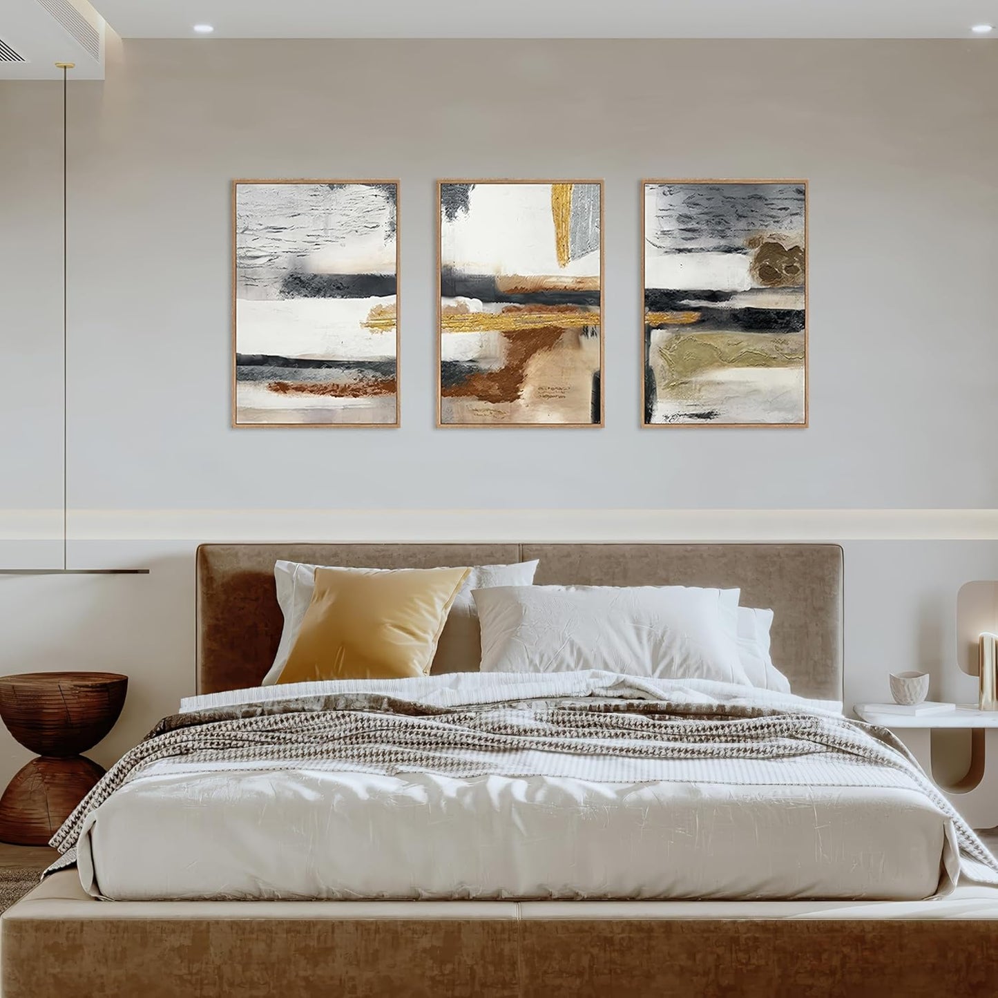 Modern Abstract Framed Canvas Wall Art Set, Neutral Textured Wall Decor, Boho Minimalist Gold and Gray Wall Painting for Living Room, Bedroom, Dining Room, Office - 16" x24" x3