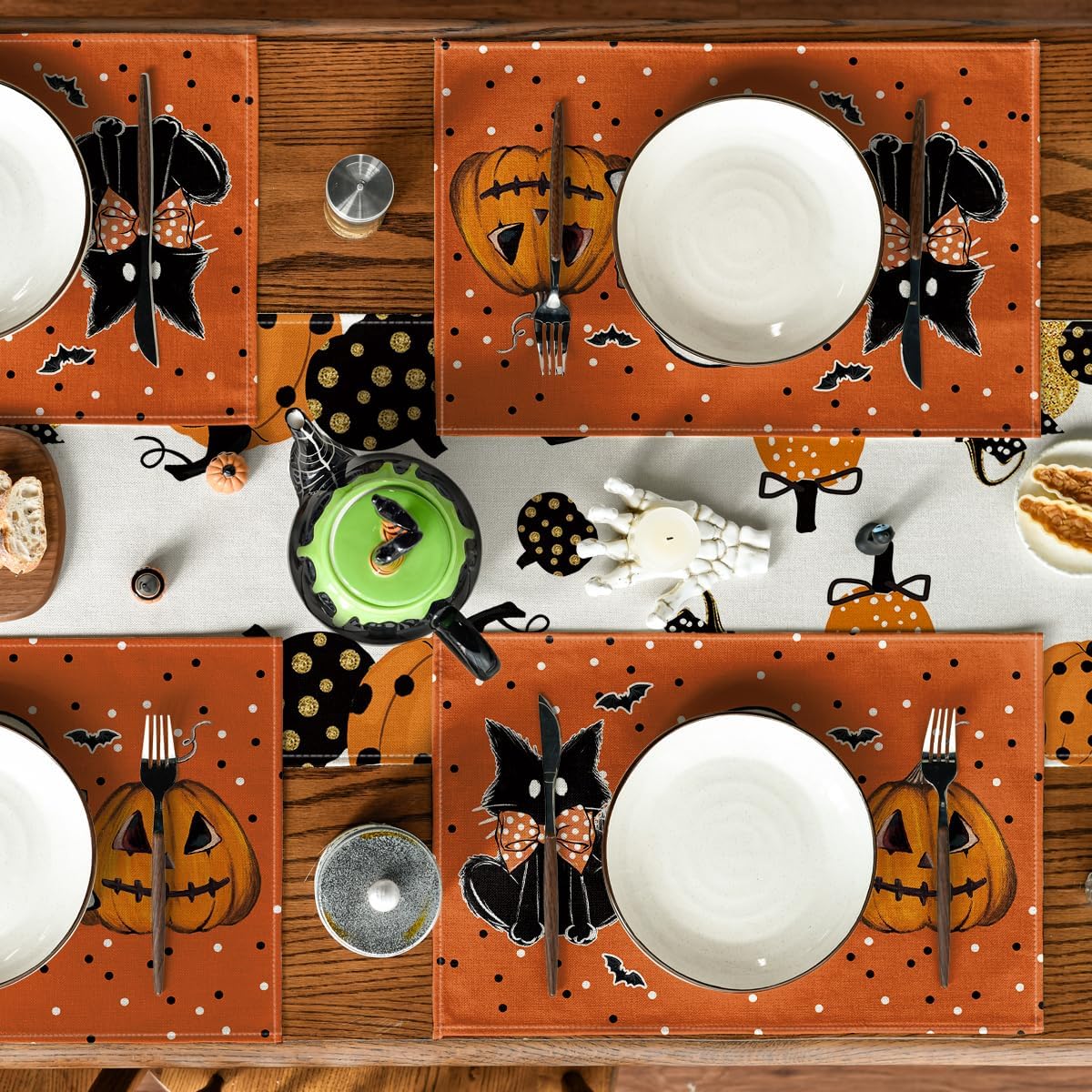 Artoid Mode Orange Polka Dot Ghost Pumpkin Cat Boo Halloween Placemats Set of 4, 12x18 Inch Seasonal Table Mats for Party Kitchen Dining Decoration