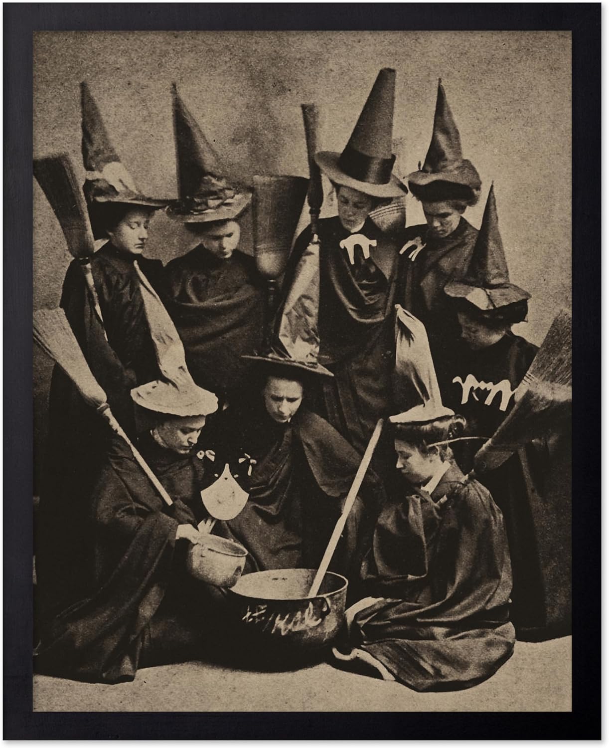 Poster Master Vintage Photograph Poster - Retro Halloween Print - Gift for Artist, Friend - Witches Cooking, Pointy Hats, Broomsticks, Black Magic - Wall Decor for Bedroom, 8x10 Black Framed