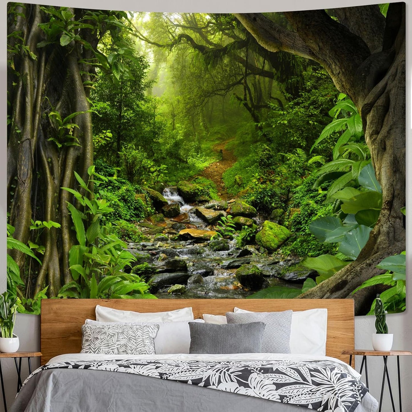 AMM Green Rainforest Tapestry Nature Forest Tapestry for Bedroom Aesthetic Misty Tropical Jungle Trees Flowing Stream Landscape Tapestries Wall Hanging for Living Room Dorm 90 x 68 Inch