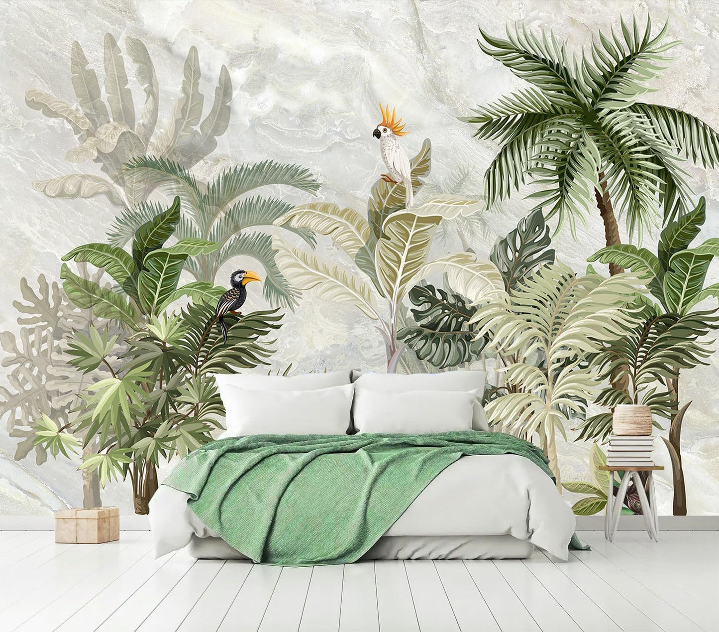 AFZEVEB-Green Forest Nursery Wallpaper Tropical Parrots Wall murals for Kids Room 159"x107" (Not Peel and Stick)