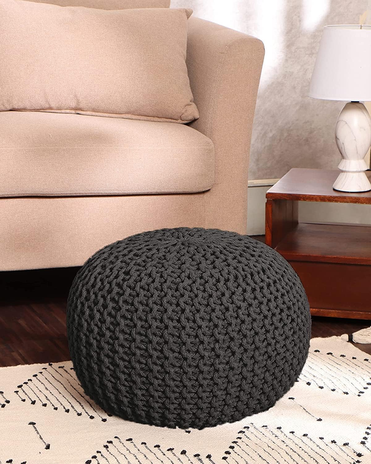 REDEARTH Round Pouf Foot Stool Ottoman - Cotton Hand Knitted Dori Pouffe - Cord Boho Home Décor - Stuffed Cable Poof for Living Room - Bedroom (19.5"x19.5"x14") - Dark Gray