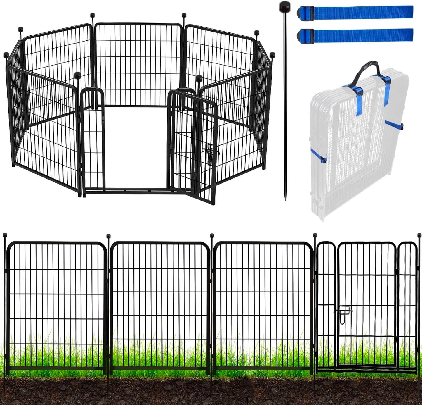 ADAVIN Tall Garden Fence with Gate, 48 in(H) 8 Panels Heavy Duty Iron Metal Animal Barrier Fence, Indoor Dog Playpen, Temporary Fencing, Dog Fence Outdoor for Yard, Total17.7 Ft(L), Black