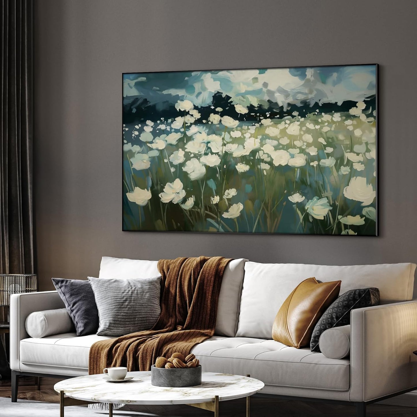 SIGNWIN 30"x60" Extra Large Framed Wall Art White Wildflower Field in Impressionist Style, Soft Floral Landscape for Home Living Room Bedroom Decor (Frame Assembly Required)