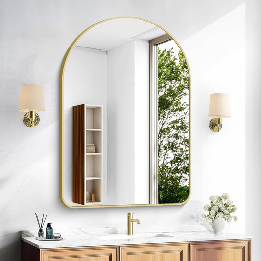 Arched Bathroom Mirror, 26"x38" Gold Arched Mirror for Bathroom, Wall Mounted Mirror, Vanity Wall Mirror Metal Frame for Bedroom, Entryway, Living Room, Hanging or Leaning Against Wall