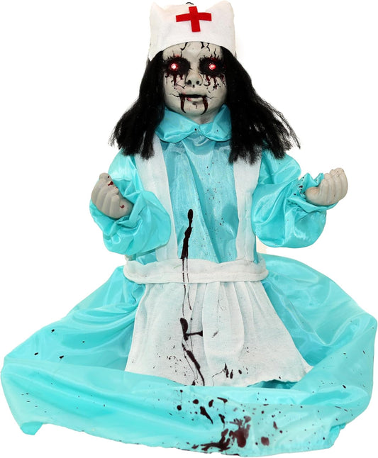 Haunted Hill Farm 1.8 ft. Groundbreaker Zombie Nurse Animatronic with Flashing Red Eyes and Poseable Arms, Creepy Halloween Decoration with Sound Effects, Battery Operated Prop