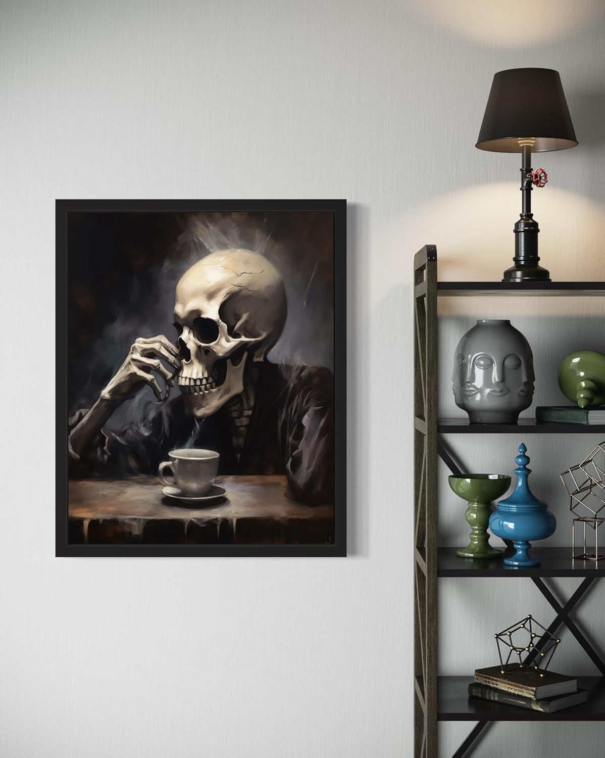 Skull Drinking Coffee Poster Art Print, Halloween Scary Vintage Wall Art Academia Spooky Painting Decoration for Horror Prints, Gothic Posters Bedroom Decor 89 (Skull Drinking Coffee, 11 x 14 inches, Black Frame)