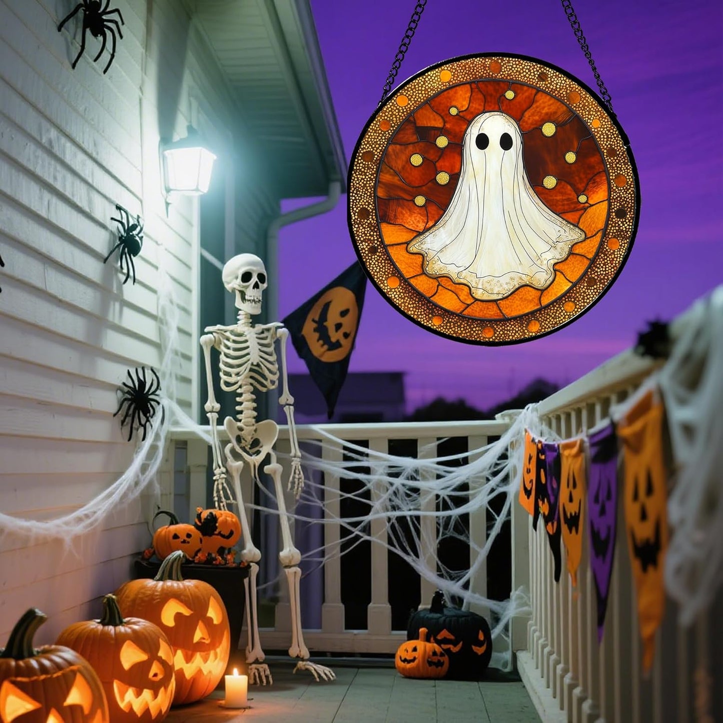 Stained Glass Window Hanging - Halloween Decorations White Ghost Suncatcher for Doors Garden Indoor Spooky Funny Orange Sun Catchers Gothic Decor Horror Gifts for Women Men Friend 7.8 in