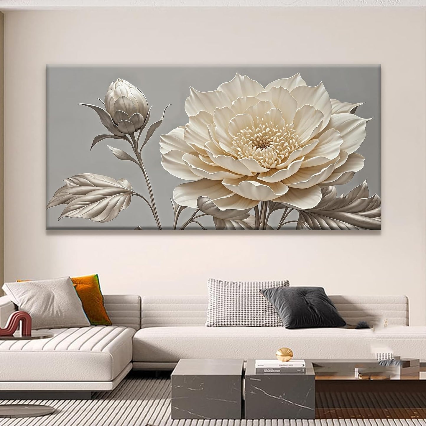 QSQ Large Wall Art Living Room Home Wall Decor Modern Canvas Art Wall Decor 29 X 58 Inches White Flower Wall Art Painting Print Elegant Silver White Flower Picture For Bedroom Office Artwork