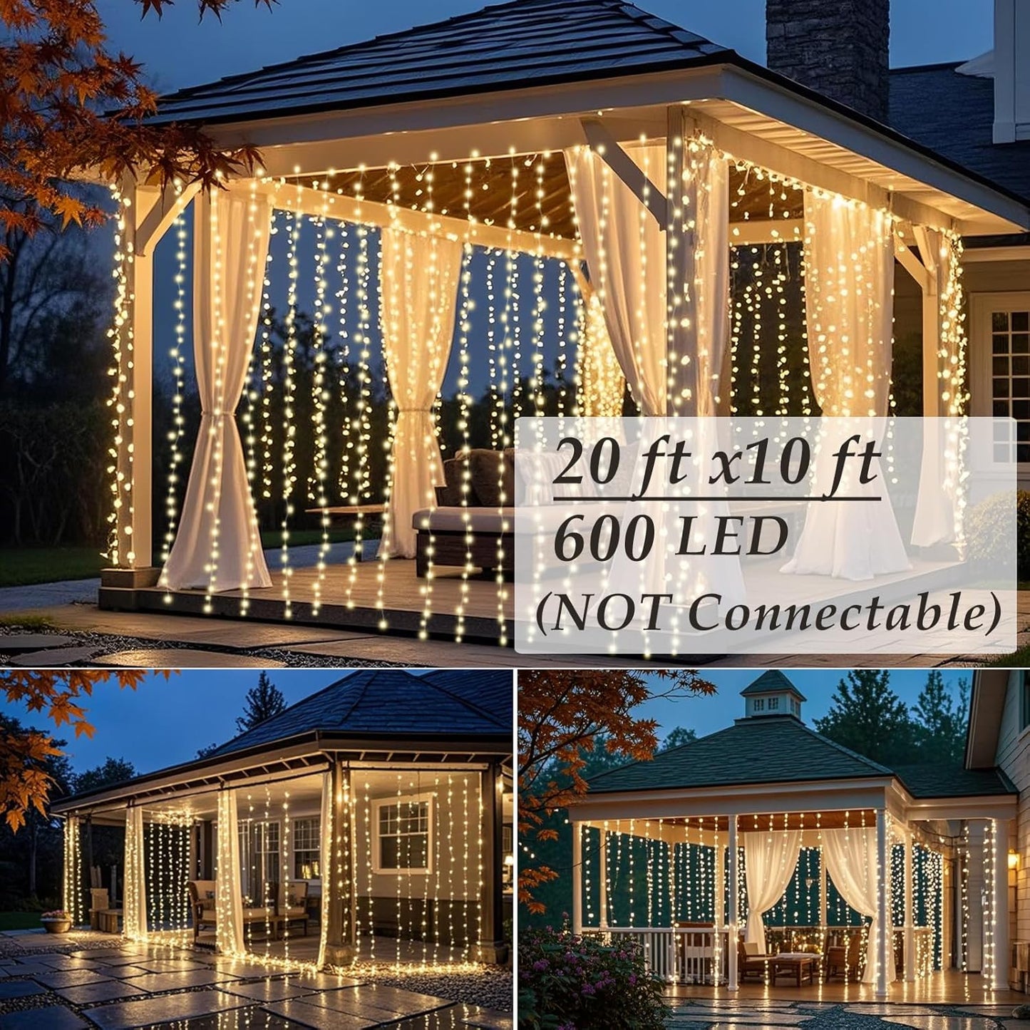 Solhice LED Curtain Lights Outdoor 20ft x10ft, 600 LED Plug in Hanging String Lights Indoor, Twinkle Light Backdrop for Outside Backyard Wedding Bedroom Decor, Warm White (Not Connectable)