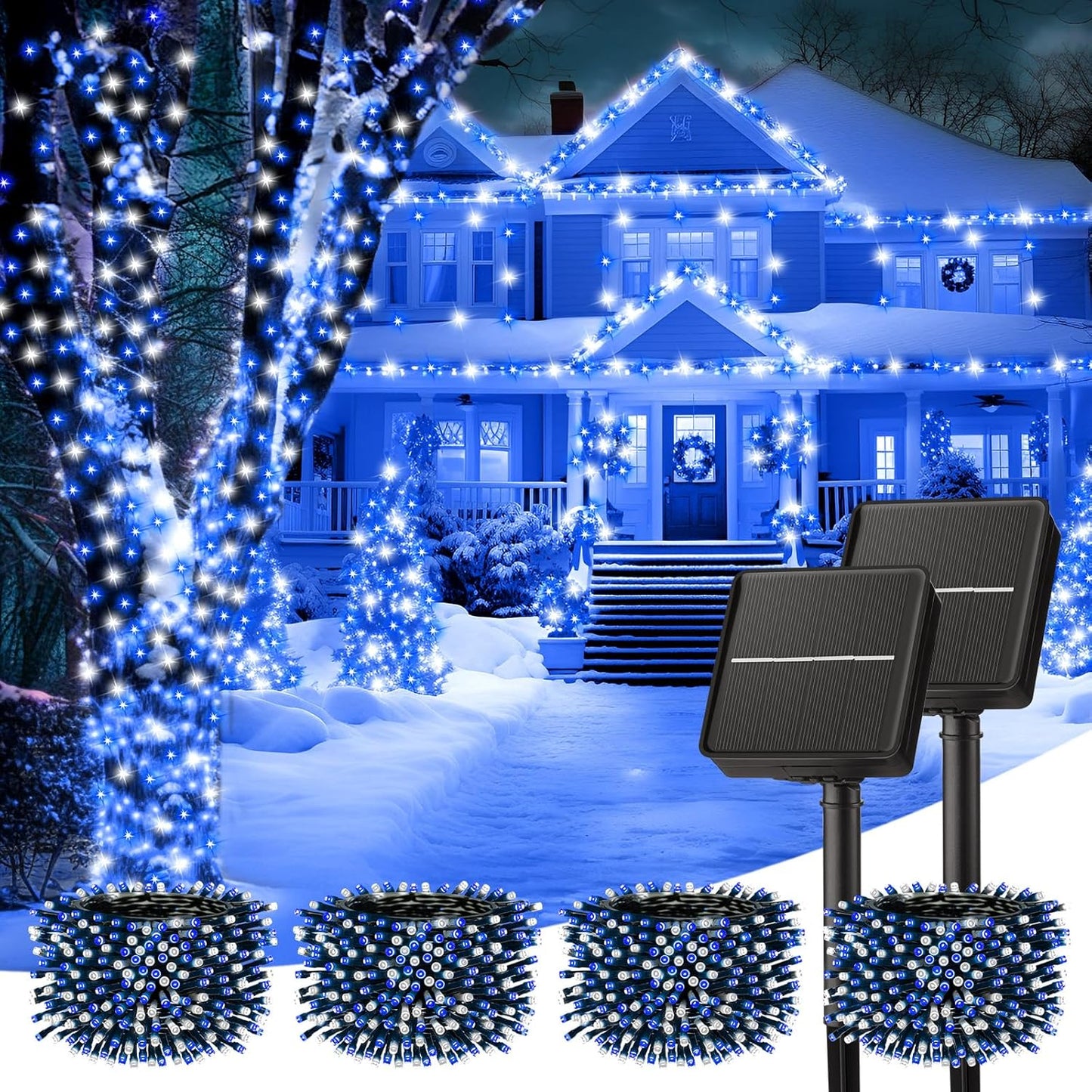 Minetom Solar String Lights - 4 Pack, 160FT, 400 LED with 8 Modes, Waterproof, Outdoor Christmas Lights for House & Tree, Blue & White