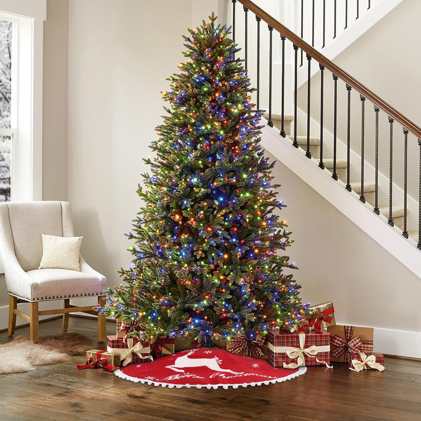 24 Inch Christmas Tree Skirt, Burlap Red Christmas Rustic Tree Skirt with Elk Deer and White Snowflake Printed for Holiday Party Xmas Tree Decoration