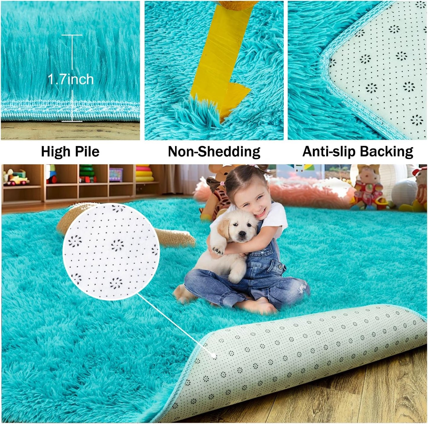 Rezutan Super Soft Fluffy Rug for Living Room Bedroom Modern Shaggy Fuzzy Kids for Living Room,Plush Indoor Nursery Classroom Home Decor Bedside Rug with Non-Slip Bottom,Teal Blue, 2 X 6 Feet