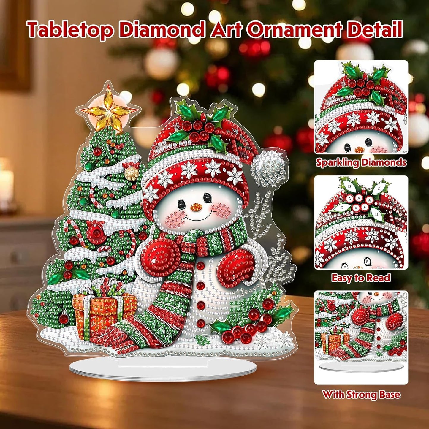 MEIYUDA Christmas Diamond Art Tabletop Kits, Christmas Tree and Snowman Diamond Art Painting Desktop Ornaments for Adult, DIY Special Shaped Crystal Desk Placement Ornament for Home Decor