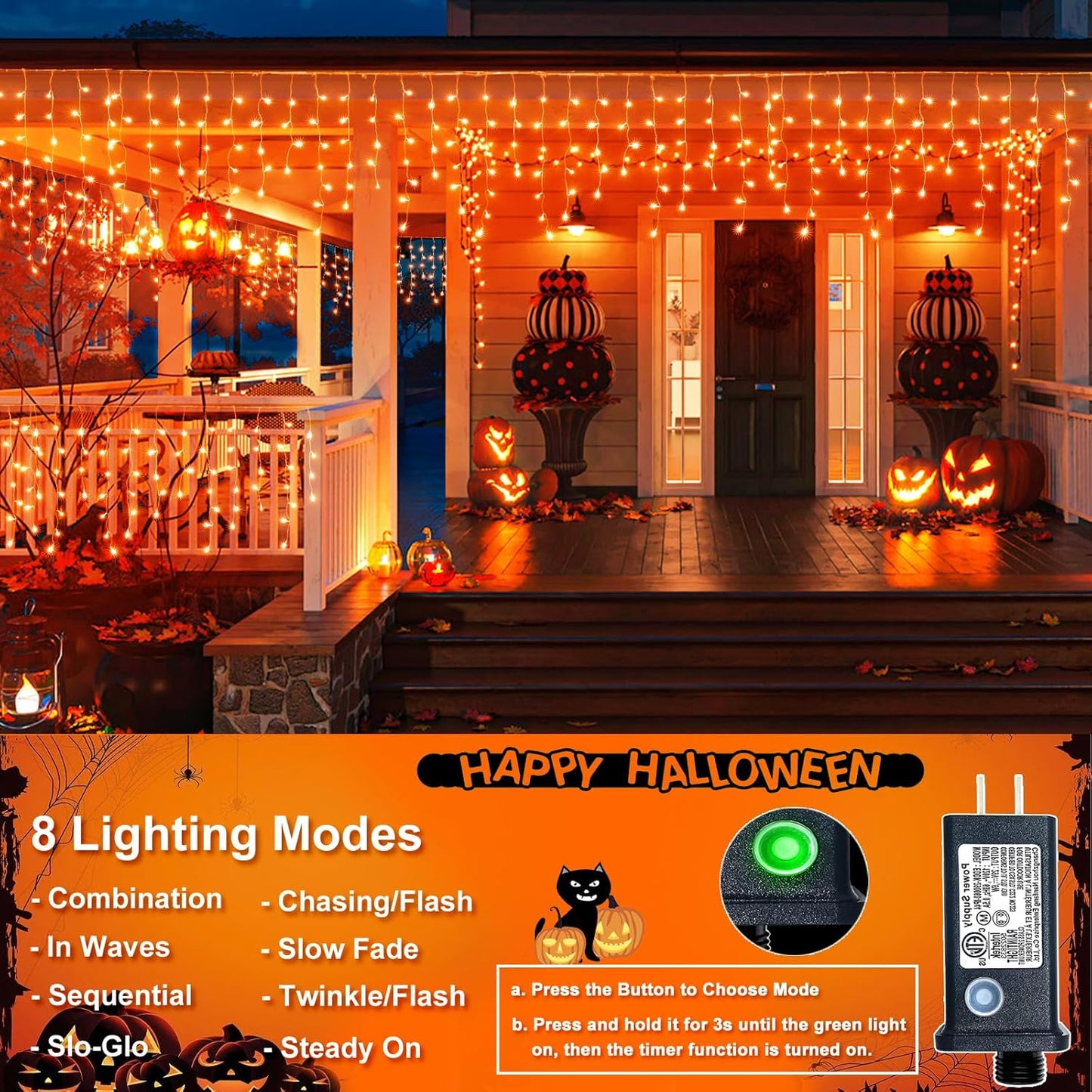 Orange Halloween Lights Outdoor, 66FT 640 LED Icicle Lights for Outside with 8 Modes Timers, Waterproof Plug in Twinkle String Light for House Yard Eave Patio Party Holiday Decorations