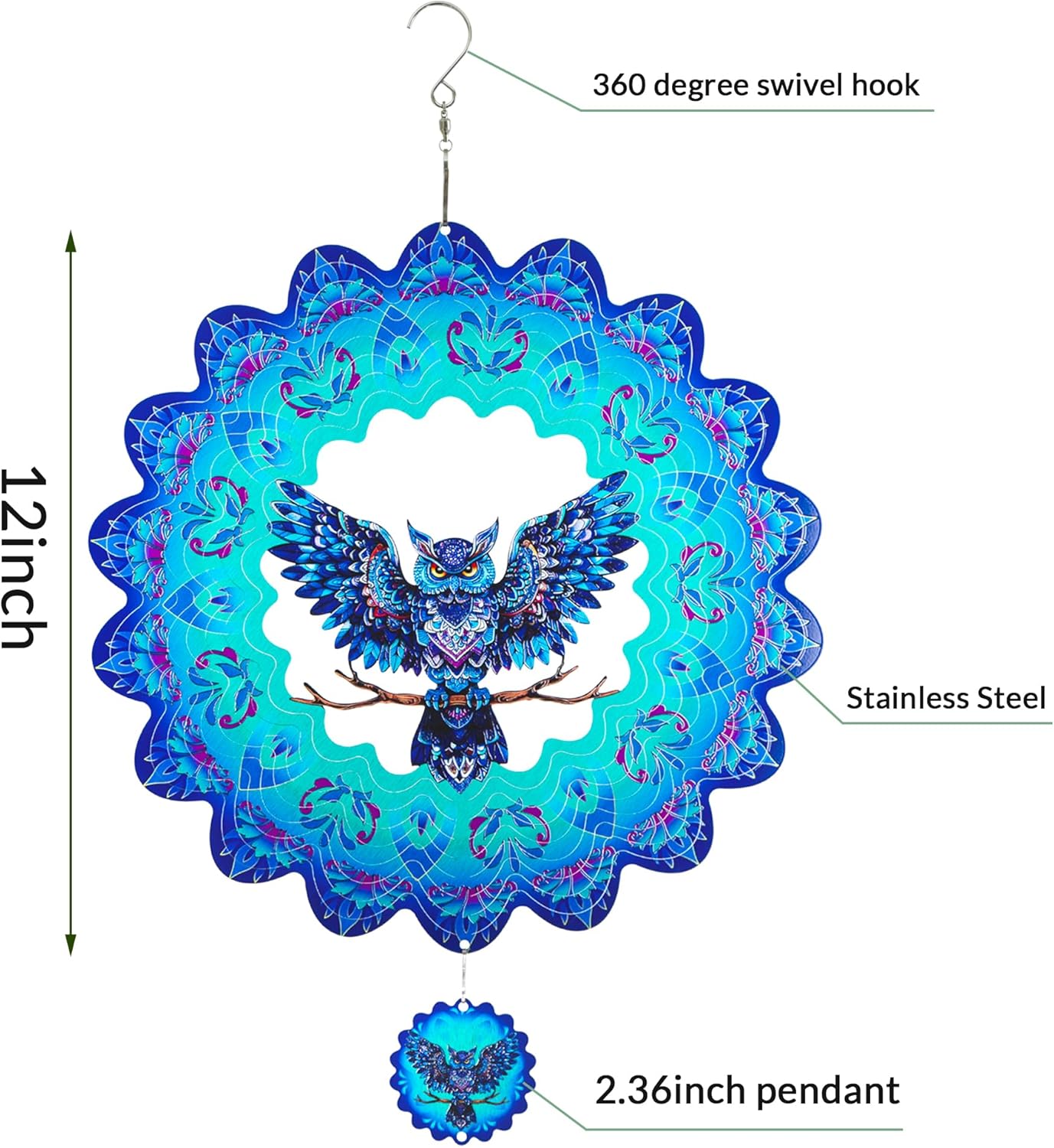 Owl Gifts for Women Men, Owl Hanging Wind Spinners Outdoor, 12Inch 3D Stainless Steel Reflective Wind Spinners Garden Decor