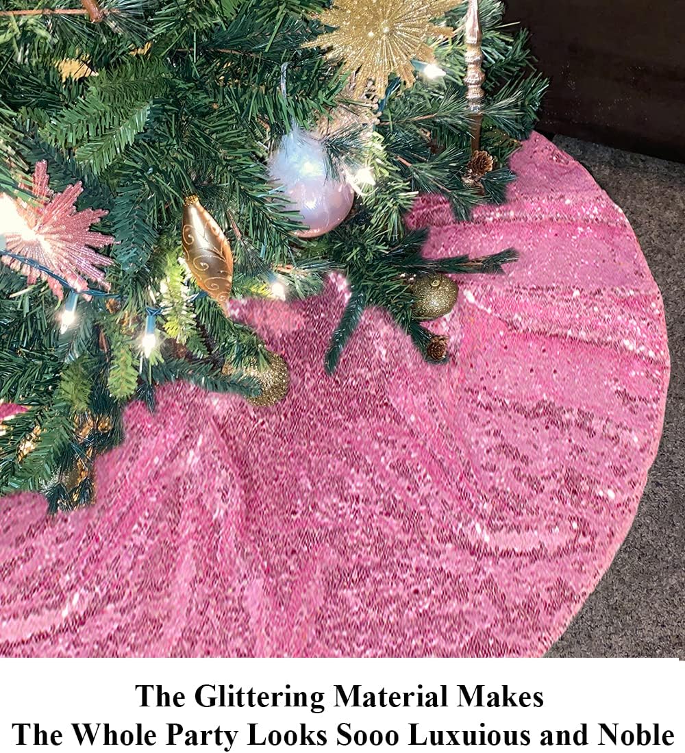 Partisout 36 Inch Sequin Tree Skirt - Fuchsia Pink Glitter Christmas Tree Skirt, Cotton Base, Colorful and Festive for Christmas and Halloween Decorations