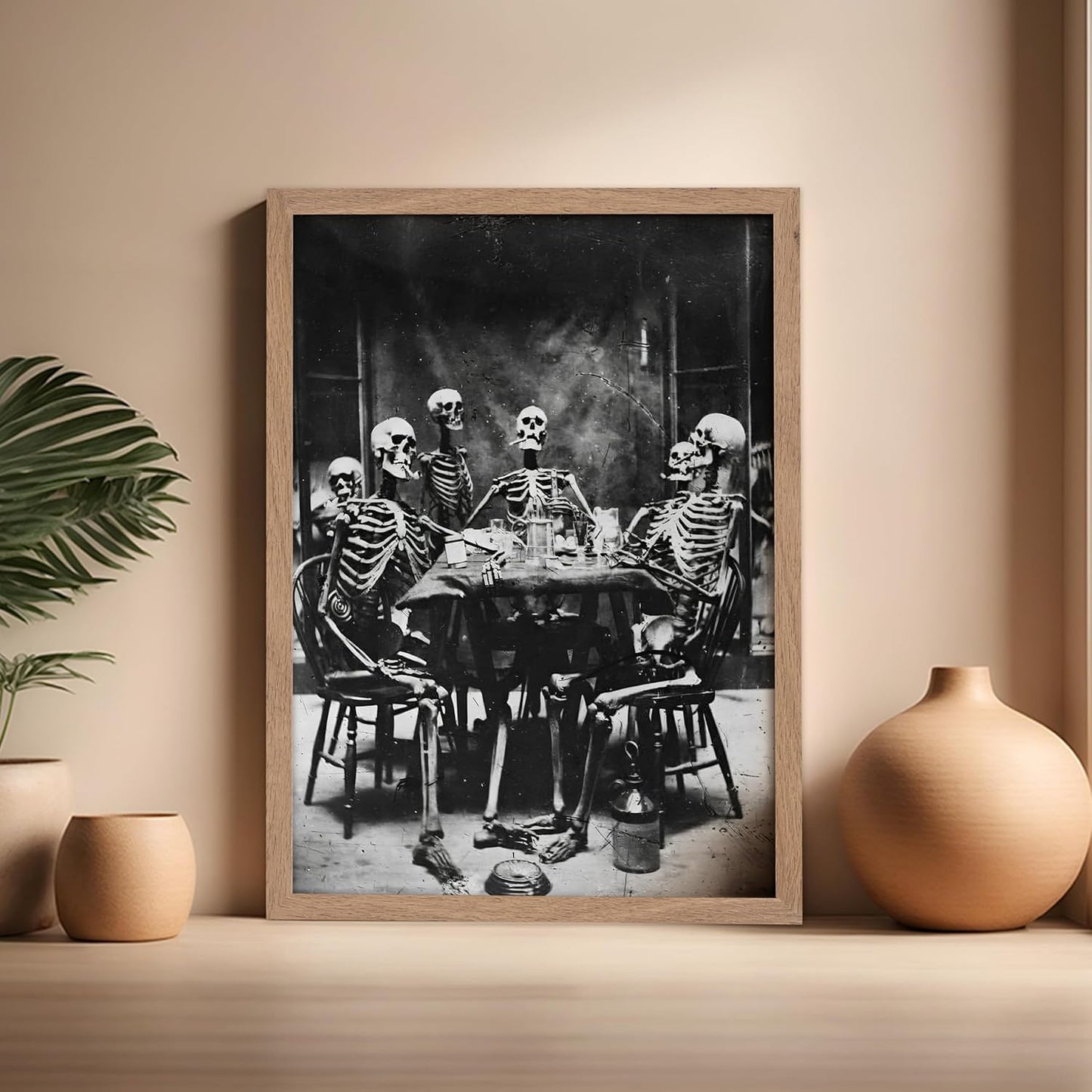 Poster Master Vintage Photograph Poster - Retro Daguerreotype Print - Gift for Artist, Friend - Skeletons Smoking at Table, Dinner Party, Goth - Wall Decor for Home, Dorm, 16x20 Beige Framed